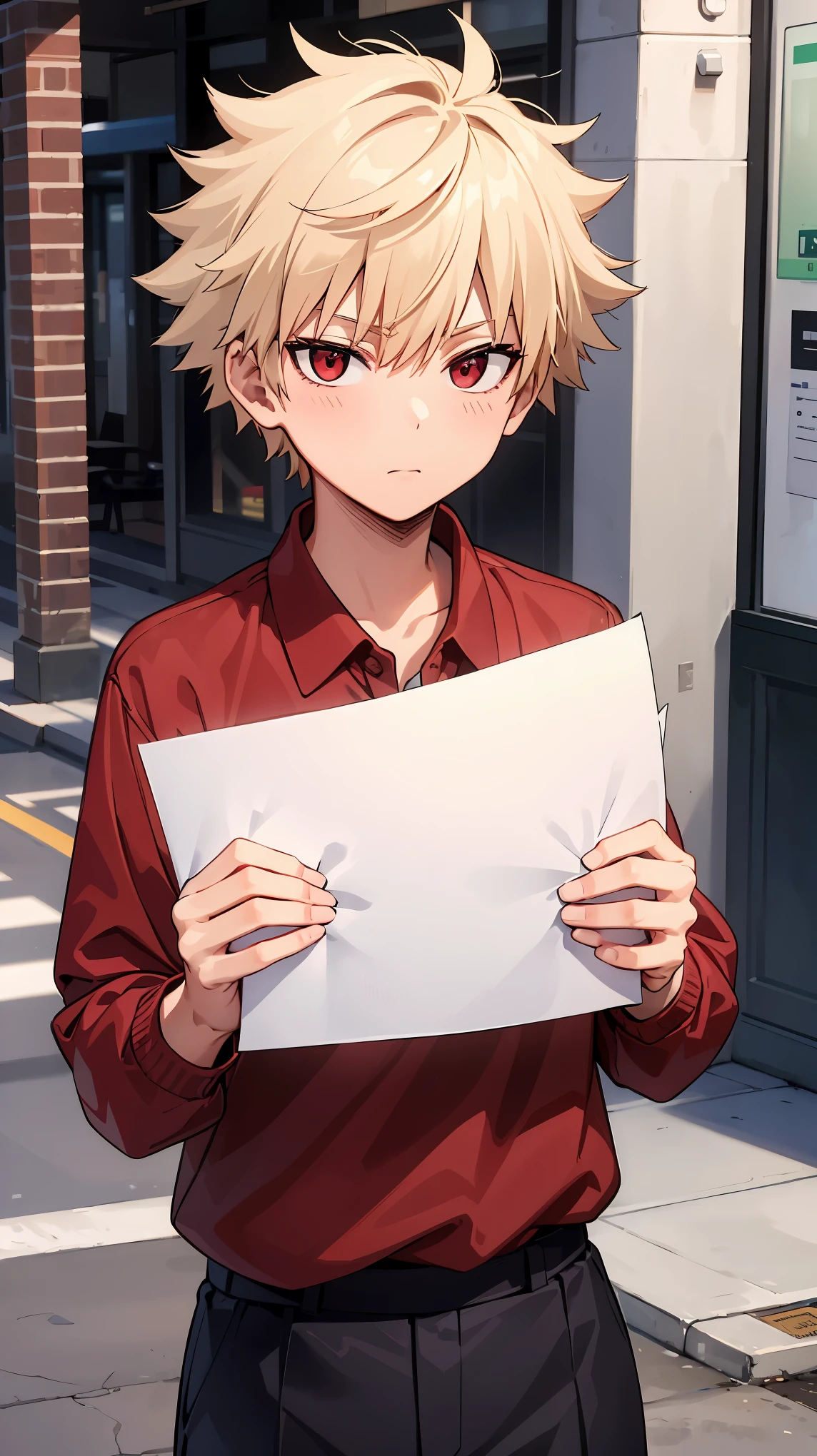  Bakugo Katsuk   lboy,Blonde hair, Short hair ,Red eyes, short hair, red shirt, street, upper body , wear school uniform, homel, ((holding a blank paper viewing it to the viewer,