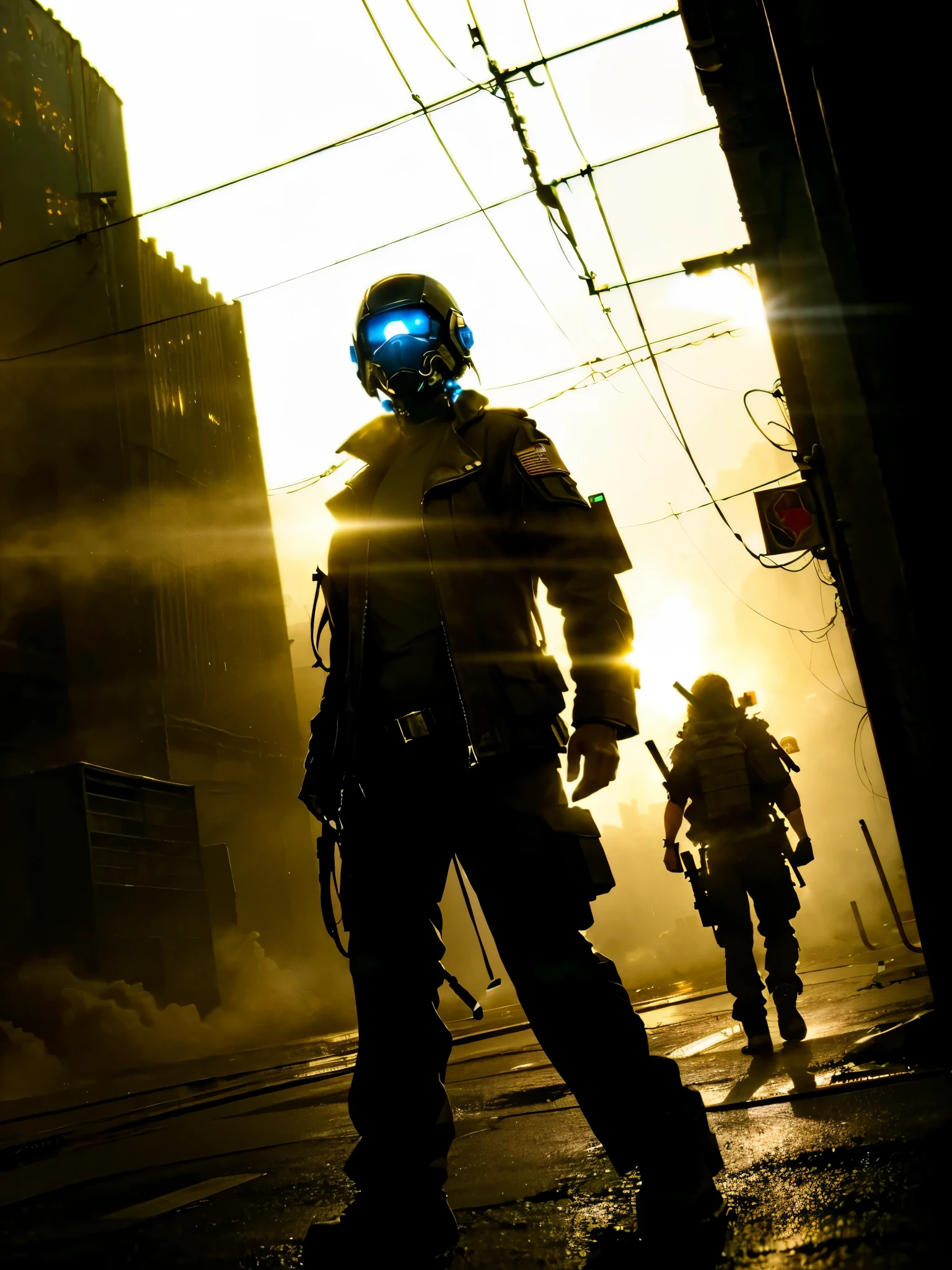 (4k,masterwork), realistic, 1girl, short hair, a female decker in a (shadowrun style background), ragged military grade clothing, lens flare above shoulder, crowded urban ambience, dark and dusty ambience, neon ligths, smoke coming from the sewer