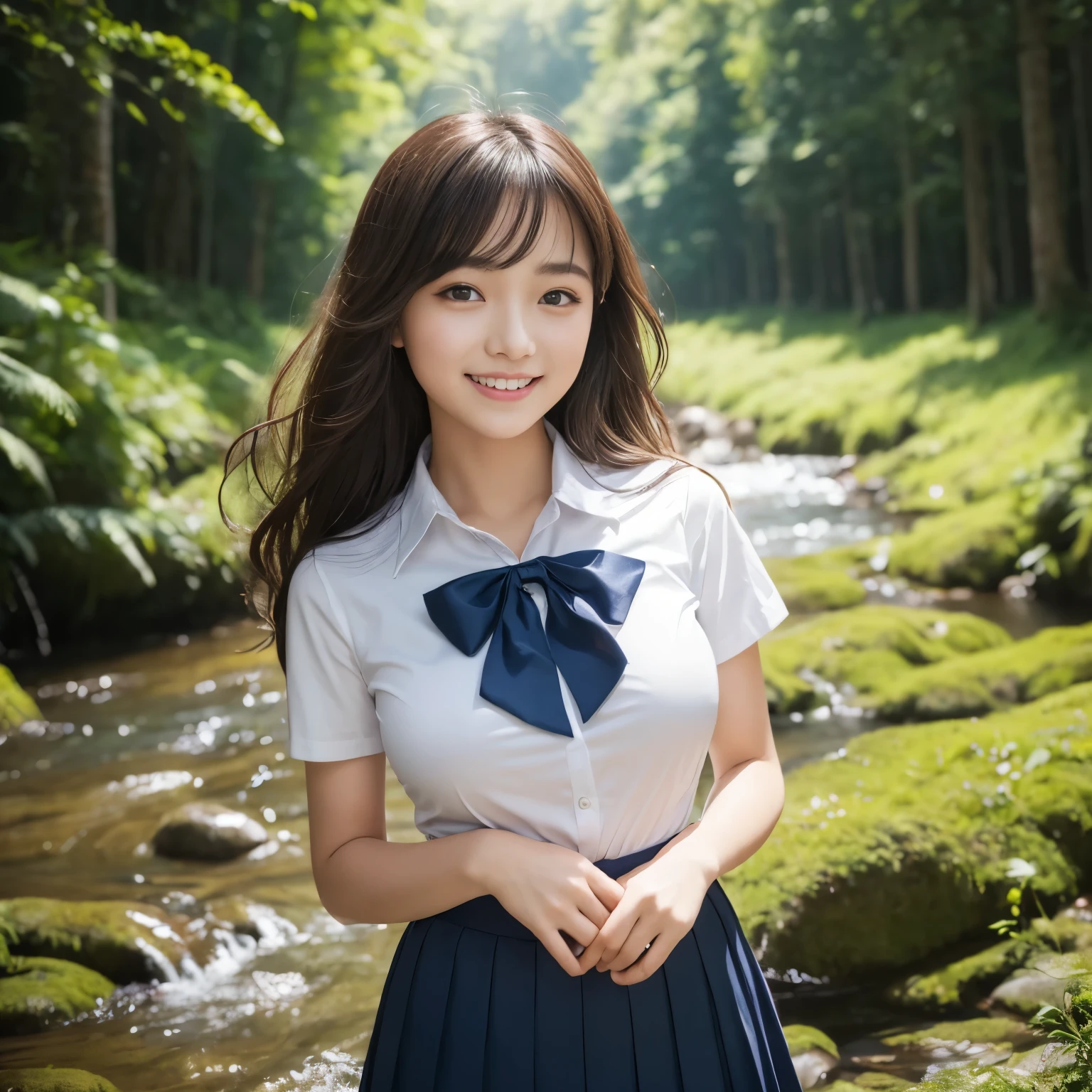 (masterpiece、highest quality、ultra high resolution、8K)、1 very cute 16 year old girl、(Perfect composition where the girl fits neatly into the frame:1.1)、perfect anatomy、wavy hair、(Big breasts that are about to burst:1.3)、(emphasize the bust line:1.2)、(high school uniform white shirt:1.1)、(High school uniform navy pleated skirt:1.12)、(Uniform ribbon that fits perfectly on the chest:1.1)、(Beautiful and glowing skin:1.1)、Brown glittery hair、valley in the forest、A beautiful river in a mysterious green forest、(The most transparent and beautiful river water:1.1)、waterfall in the background、Surrounded by the most magnificent nature、Mysteries of Nature、the most detailed and beautiful river、feelings of love、(Beautiful skin that shines in the light:1.1)、(Super high quality beautiful skin:1.1)、beautiful teeth、the happiest smile you'll ever see on me、very bright and refreshing、cool summer atmosphere、Refreshing summer、Are standing、In the glittering forest、(Moody and romantic portrait photography:1.2)、blurred background、bright summer colors