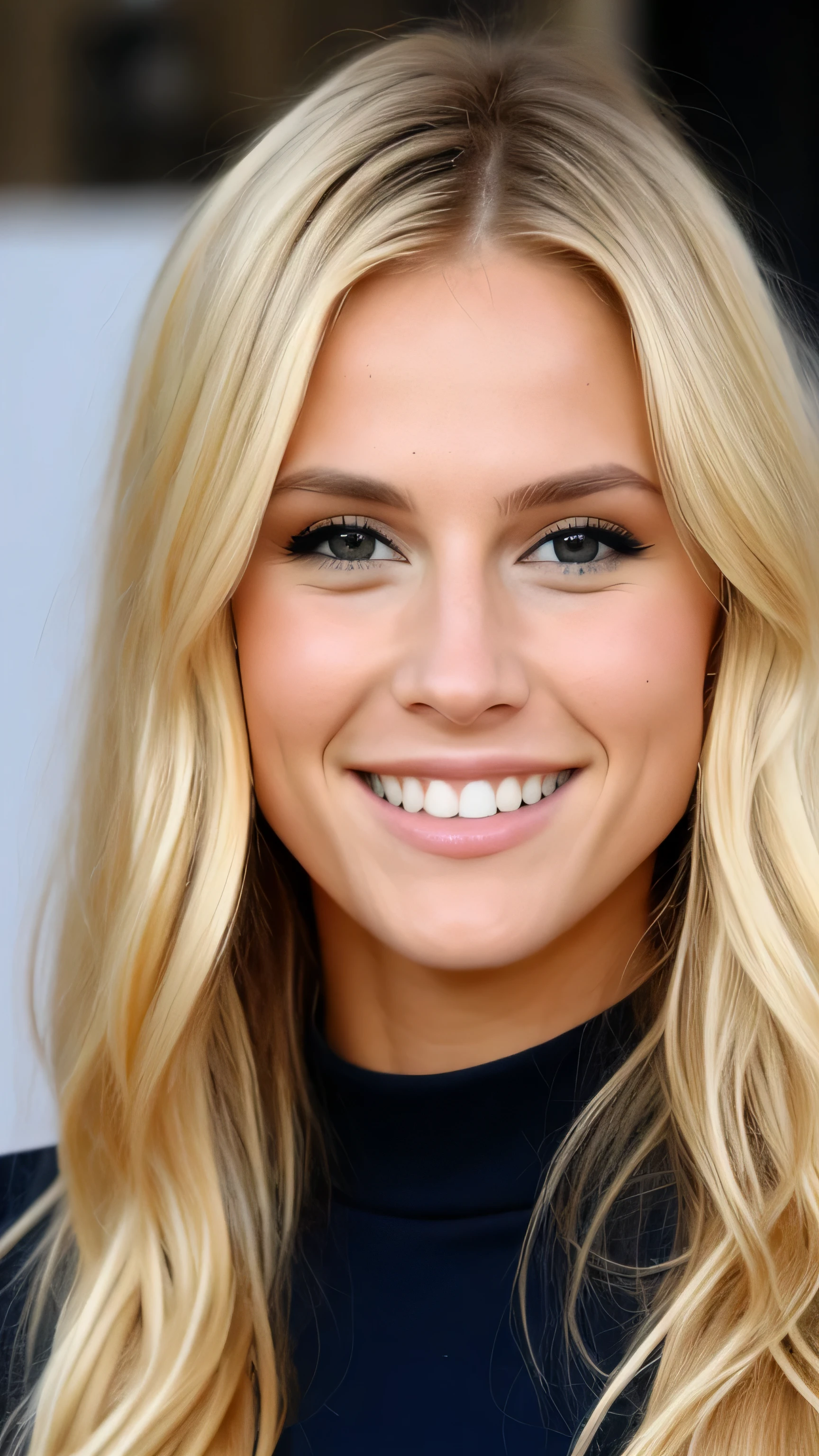 une femme blonde souriante de 23 ans, Photoréalisme, Cheveux blonds with the racines châtain clair, cheveux blond, Cheveux avec des racines brunes, cheveux très longs, yeux bleus, belle femme, vue de face, Gros plan sur le visage, Haute qualité, selfie, palmiers