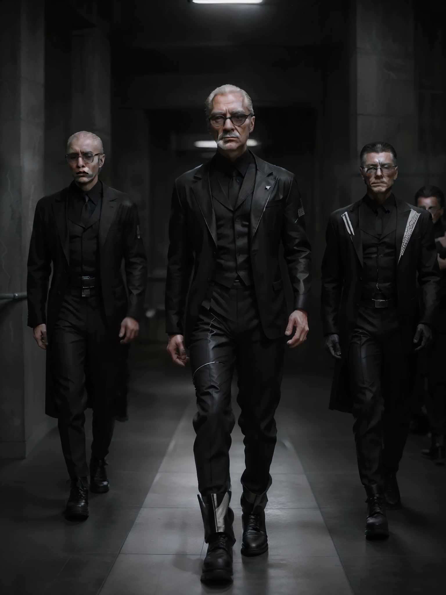 Old man walking on a catwalk dressed in a futuristic (black and white suit) in the style of the movie TRON, with luminous lines on the jacket, high boots, futuristic glasses, mustache. Illuminated light background. Professional photography. Fashion photography. Side view, full body shot, low angle shot. Master piece.
