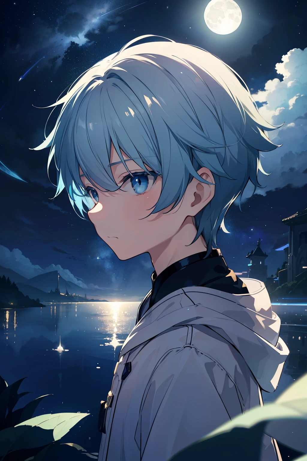 Create exquisite illustrations reminiscent of Makoto Shinkai&#39;s style, Features ultra-fine details and top-notch quality. Create an illustration of a boy looking up at the full moon in a fantastic night sky. The boy&#39;s expression is neutral, In those eyes、Contains awe and admiration for the beauty of the moon.. moon, Floating in the fantastic night sky, Emits a mesmerizing glow that illuminates the surrounding clouds and stars. The entire illustration should evoke a dreamy, otherworldly atmosphere, Transports viewers to a realm where the beauty of the night is celebrated. The neutral expression on the boy&#39;s face、Allows the viewer to project their own emotions onto the scene, Make a personal and immersive connection with the enchanting night