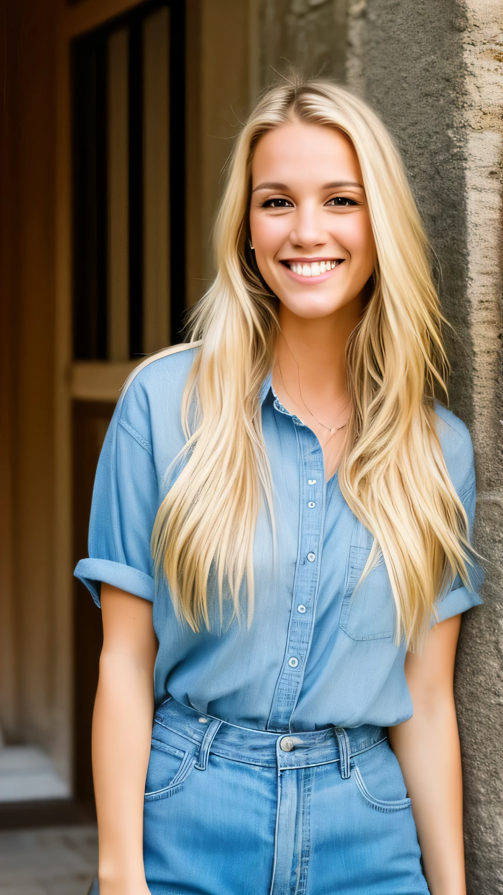une femme blonde souriante de 23 ans, Photoréalisme, Cheveux blonds with the racines châtain clair, cheveux blond, Cheveux avec des racines brunes, cheveux très longs, yeux bleus, belle femme, vue de face, Gros plan sur le visage, Haute qualité, selfie, palmiers