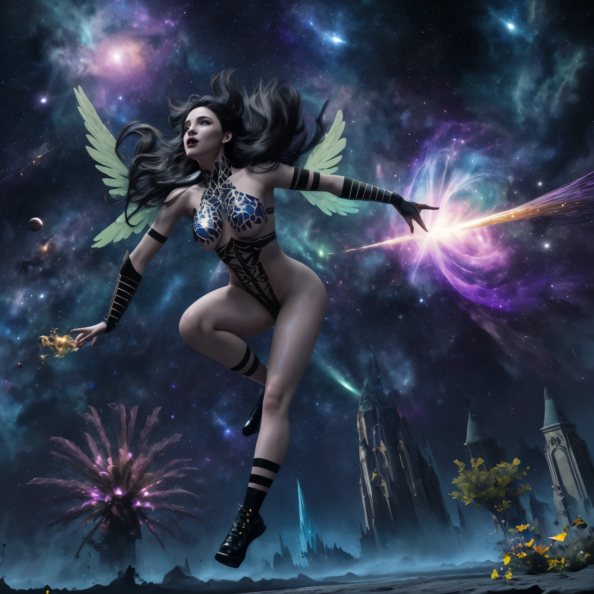 (best quality,4k,highres,masterpiece:1.2),ultra-detailed,realistic:1.37,sexy witches,broomsticks,racing through space,chasing a green comet,winged black cats observing,naked tape,sensual,enthralling,cosmic scenery,colourful cosmos,mesmerizing spectacle,seductive night sky,stunning celestial bodies,spellbinding energy,alluring magic,spell-casting,star-filled backdrop,mystical atmosphere,witches' intense focus,enticing movements,risque outfits,provocative allure,atmospheric lighting,gravity-defying stunts,thrilling competition,exhilarating speed,endless starry expanse,enchanted boundary between worlds,intense anticipation,unforgettable race,immersive experience,vibrant and captivating aesthetic,hypnotic color palette,elegant curves of broomsticks,nimble maneuvering,breathless excitement,infused with cosmic power,electrifying atmosphere,enchanted broom riding,adrift in time and space