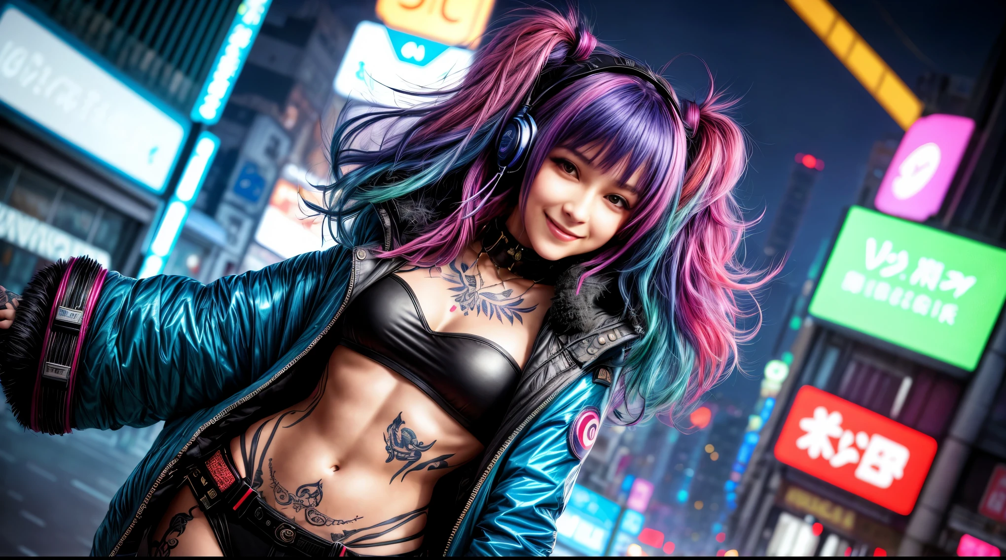 visage d'une fille sexy, headphone, navel ouvert, tenue cuir, magnifique visage japonais, tenue cyberpunk, blue & green long hair in wind, big smile, Multicolored lights, Contexte Cyberpunk City, de nuit, half the body, studio mannequin photoréaliste 8k, (gros sein:1,9), body tatouage,