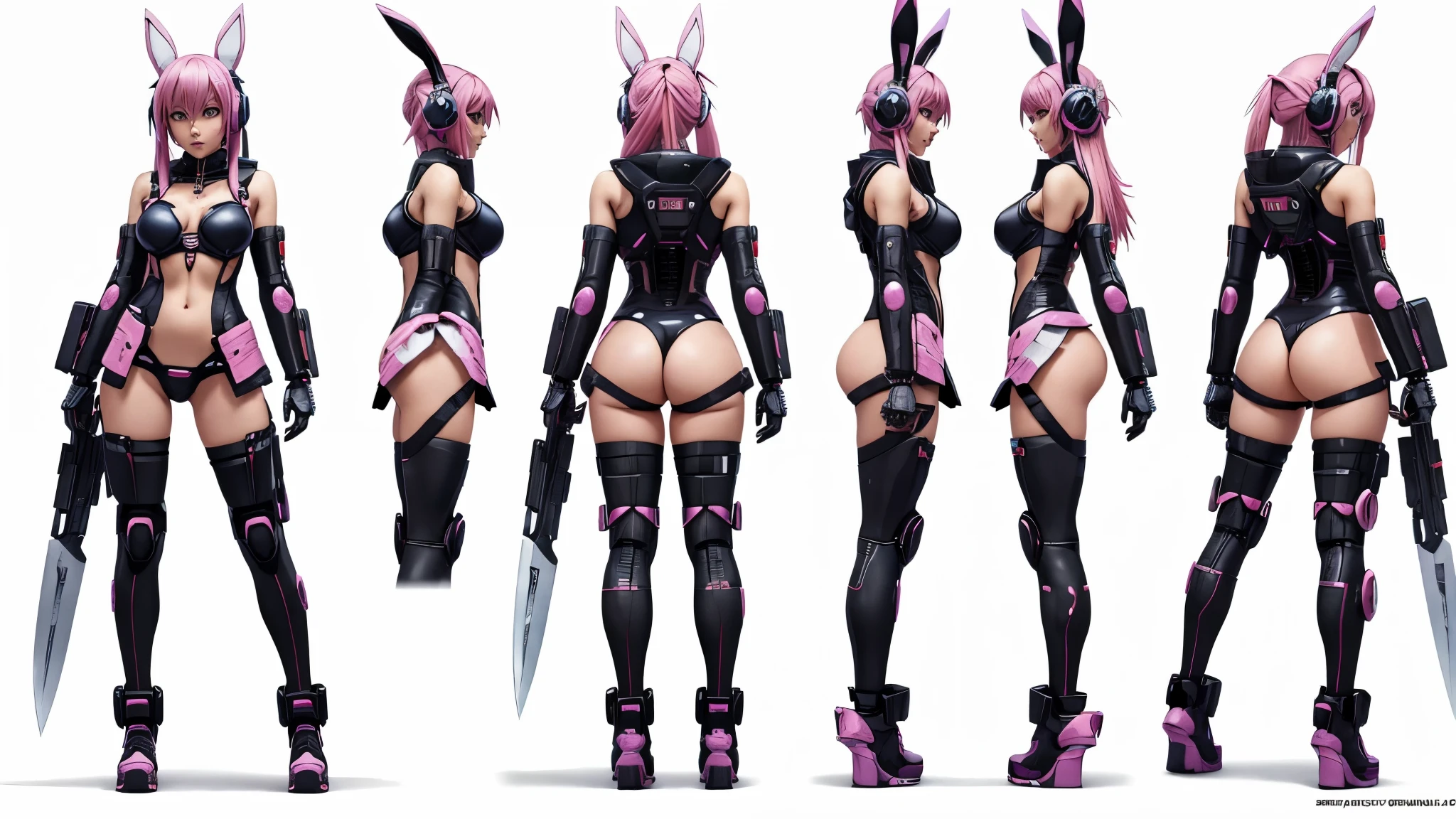 Four view Concept Character Design sheet for Complete Full Body ((Front)) Symmetrical View, ((Side)) view,(( ¾ facing)) view, ((back)) view, ((arms away from side for all Images)) of 3d full length view characters sheet holding arms away from side, white background, arknights, anime rabbit girl,enormous knife, sexy clothes, cyber girl in bunny costume with pink hair and headphones, digital cyberpunk anime art, cyberpunk anime girl, female cyberpunk anime girl, anime cyberpunk art, digital cyberpunk - anime art, cyberpunk art style, cyberpunk anime girl mech, anime style 4 k, cyberpunk anime art, best anime 4k konachan wallpaper, cyberpunk skeleton, wearing cybernetic bunny ear