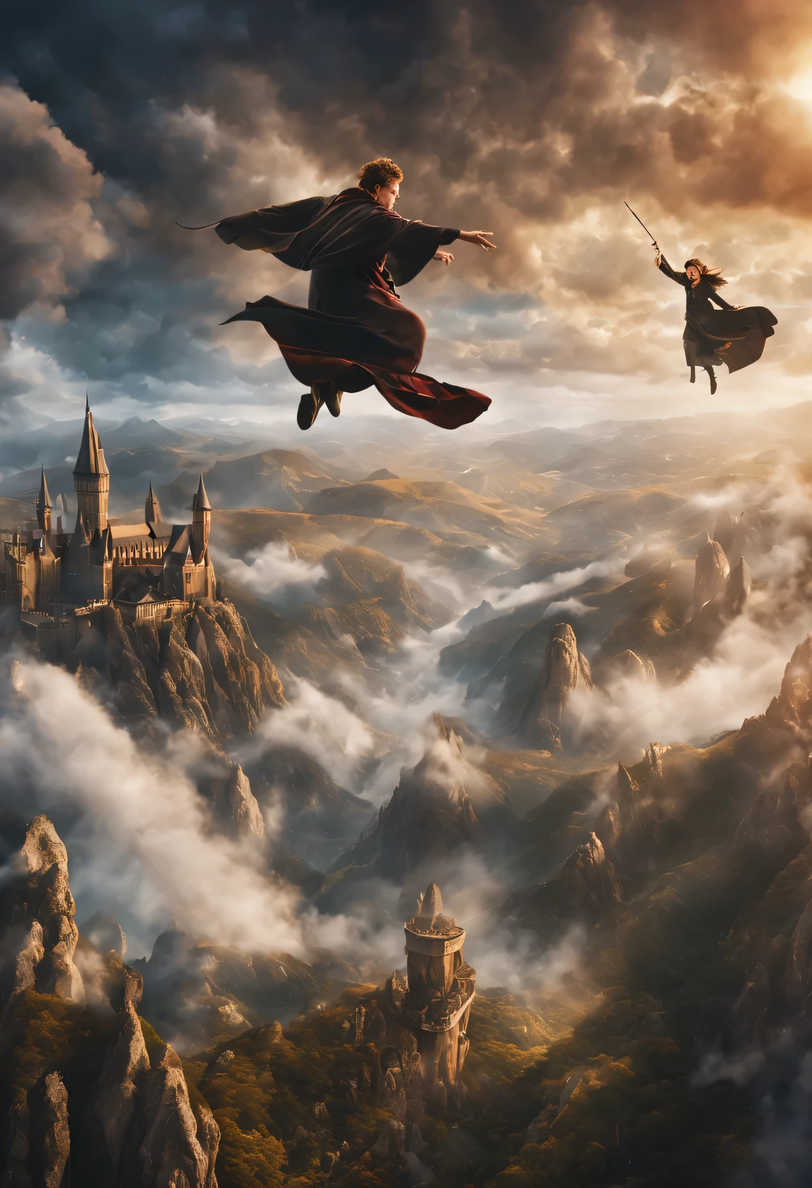 Movie, Movie片段, First-person perspective, view from above, Movie拍摄, fantasy magic world, several wizards in the uniform of the wizarding academy robe in front of each other on flying broomsticks fiercely chasing each other between the cloud in the vast sky flying freely, cloud, wind, Alpine background in the distance, Fantasy special effects, astounding masterpiece