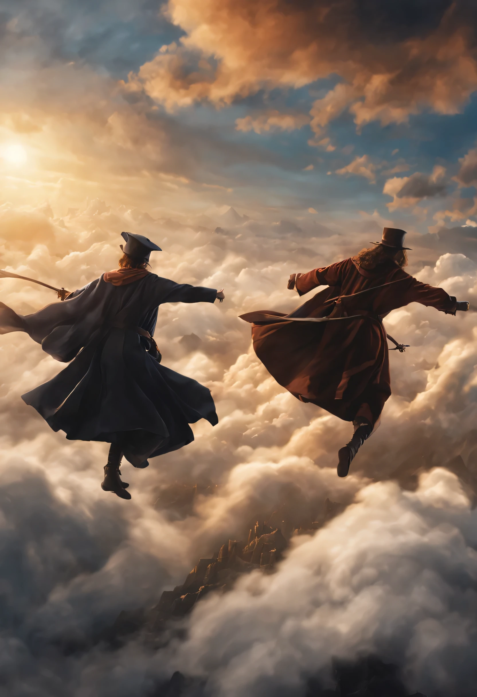 Movie, Movie片段, First-person perspective, view from above, Movie拍摄, fantasy magic world, several wizards in the uniform of the wizarding academy robe in front of each other on flying broomsticks fiercely chasing each other between the cloud in the vast sky flying freely, cloud, wind, Alpine background in the distance, Fantasy special effects, astounding masterpiece