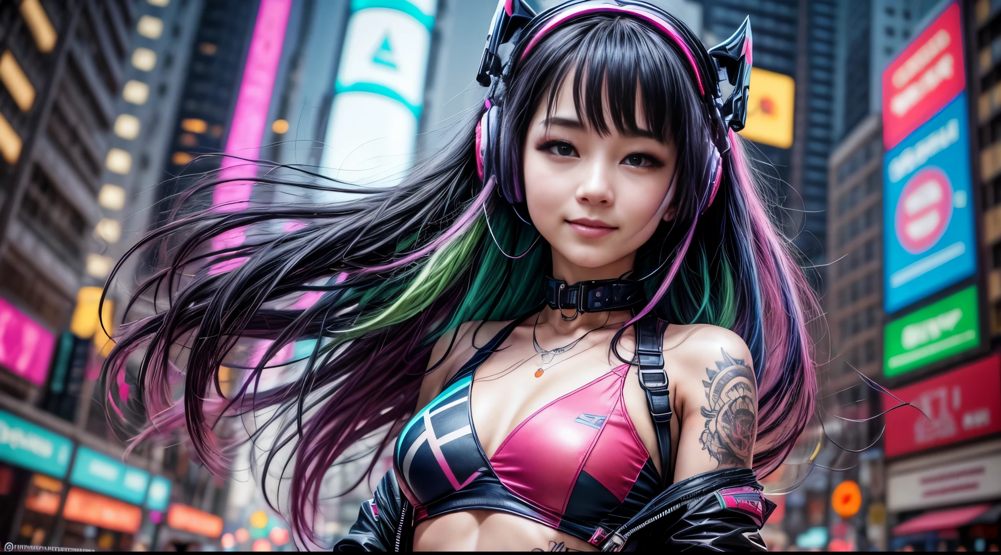 ((RAW image quality:1.4)), masterpiece, highest quality, Full body Esbian, 1 girl, show viewer, Confident girl,The expression is a little stylish, Popular Harajuku costumes, Bold colors and patterns, eye-catching accessories, Trendy and innovative hairstyles, bright makeup, Futuristic and dazzling cyberpunk cityscape, Skyscraper, neon sign, led lights, Bright and vivid color scheme, anime big breasts, shape, Fine skin texture, fine cloth texture, beautiful detailed face, intricate details, Super detailed.