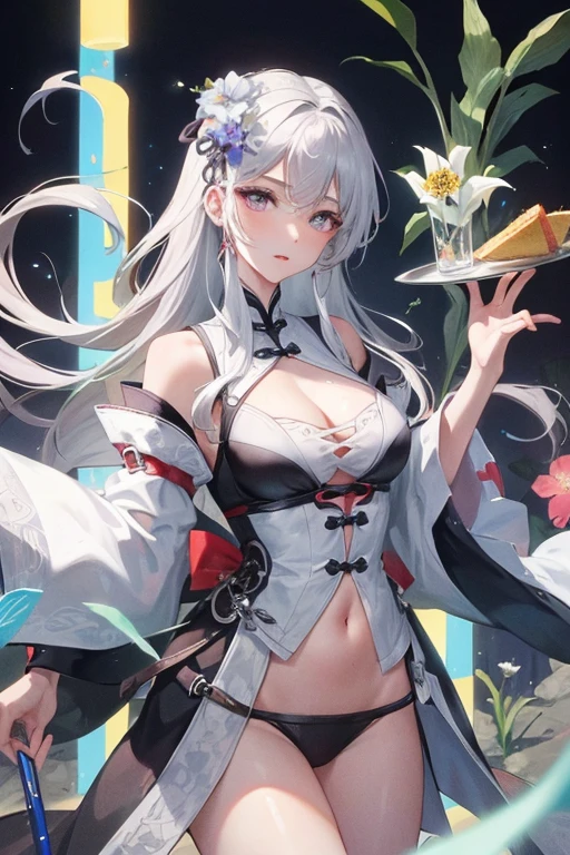 masterpiece, Beautifully, night, full moon, a girl, Mature, Chinese style, ancient China, elder sister, royal elder sister, cold expression, Poker face, woman with long silver white hair, Light pink lips, calm, ingenious, three times, gray pupil, assassin, Short sword, Flower ball background,swimsuit
