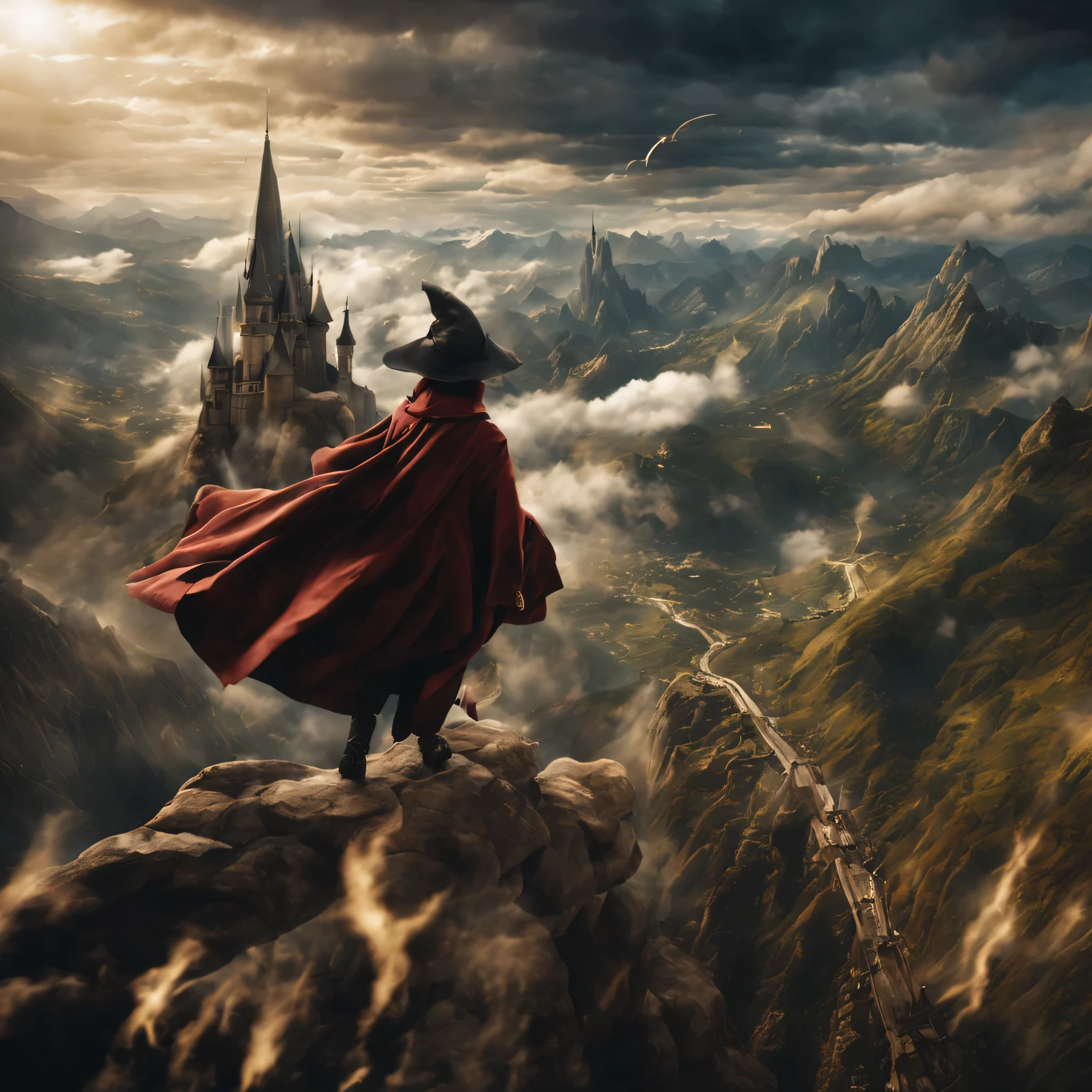 Movie, Movie片段, First-person perspective, view from above, Movie拍摄, fantasy magic world, several wizards in the uniform of the wizarding academy robe in front of each other on flying broomsticks fiercely chasing each other between the cloud in the vast sky flying freely, cloud, wind, Alpine background in the distance, Fantasy special effects, astounding masterpiece