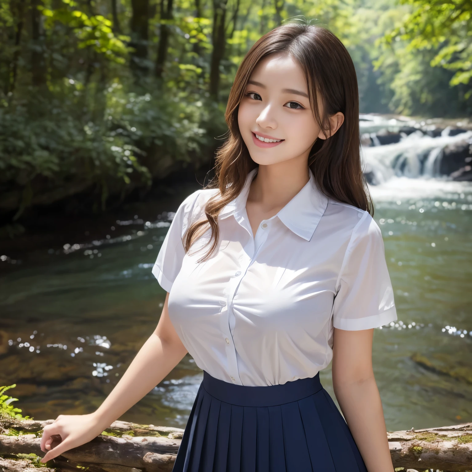 Highest quality, 1 beautiful woman, 28 years old, Large breaSt bulgeS, S, 35mm lens, F/1, Cowboy Shot, Specific Background、(A girl in the forest), Perm、Sweat,Beautiful leg lines,Thin waist and hips,Sexy妩媚,Attractive thighs,充满Sexy,Sexy, ((White shirt)), sleeveless,((Dark red short pleated skirt:1.3)),(a charming Smile:1.2), White shoes,Perfect proportion,Sexy姿势,