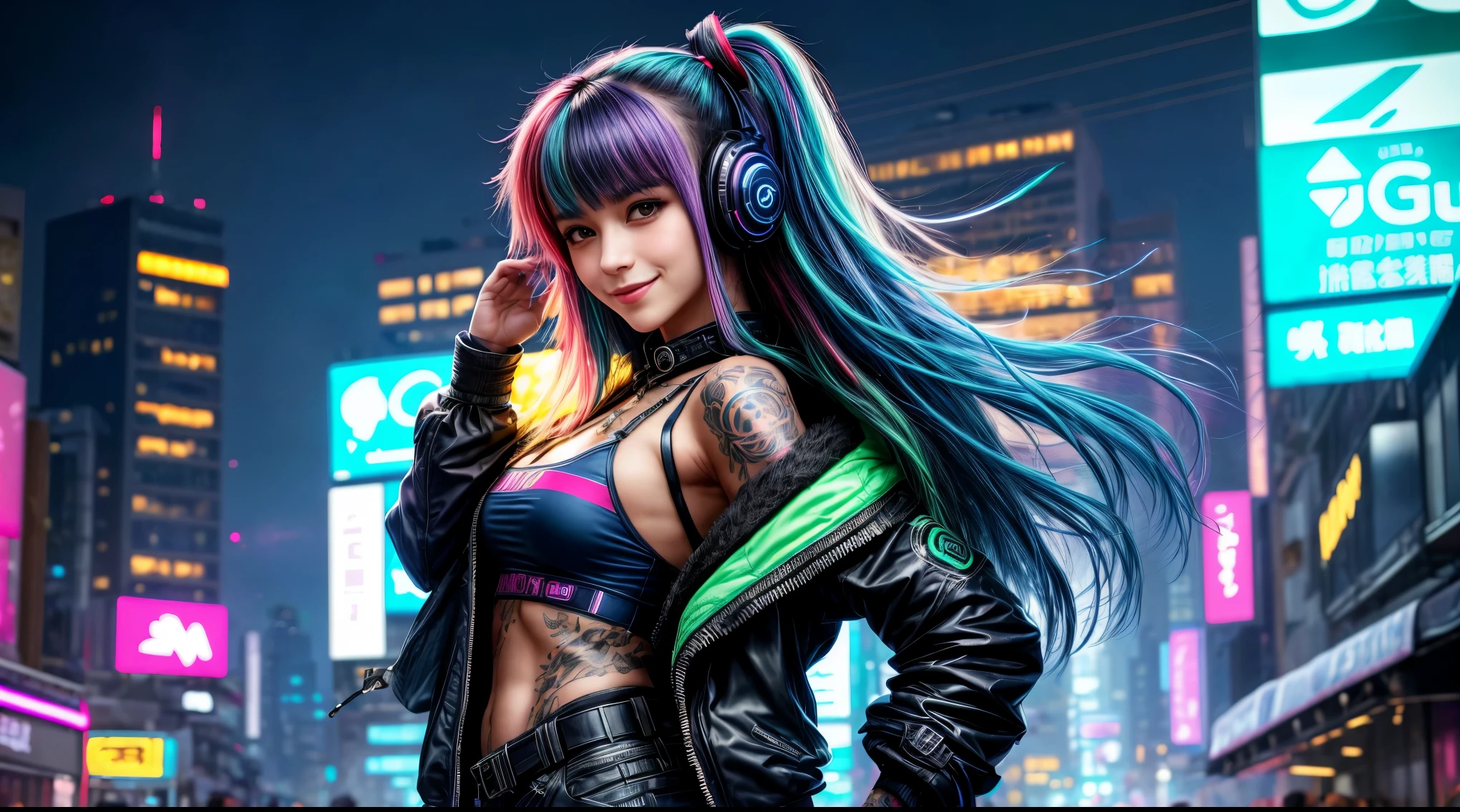 visage d'une fille sexy, headphone, navel ouvert, tenue cuir, magnifique visage japonais, tenue cyberpunk, blue & green long hair in wind, Gbig smile, Multicolored lights, Contexte Cyberpunk City, de nuit, half the body, studio mannequin photoréaliste 8k, (gros sein:1,9), body tatouage,