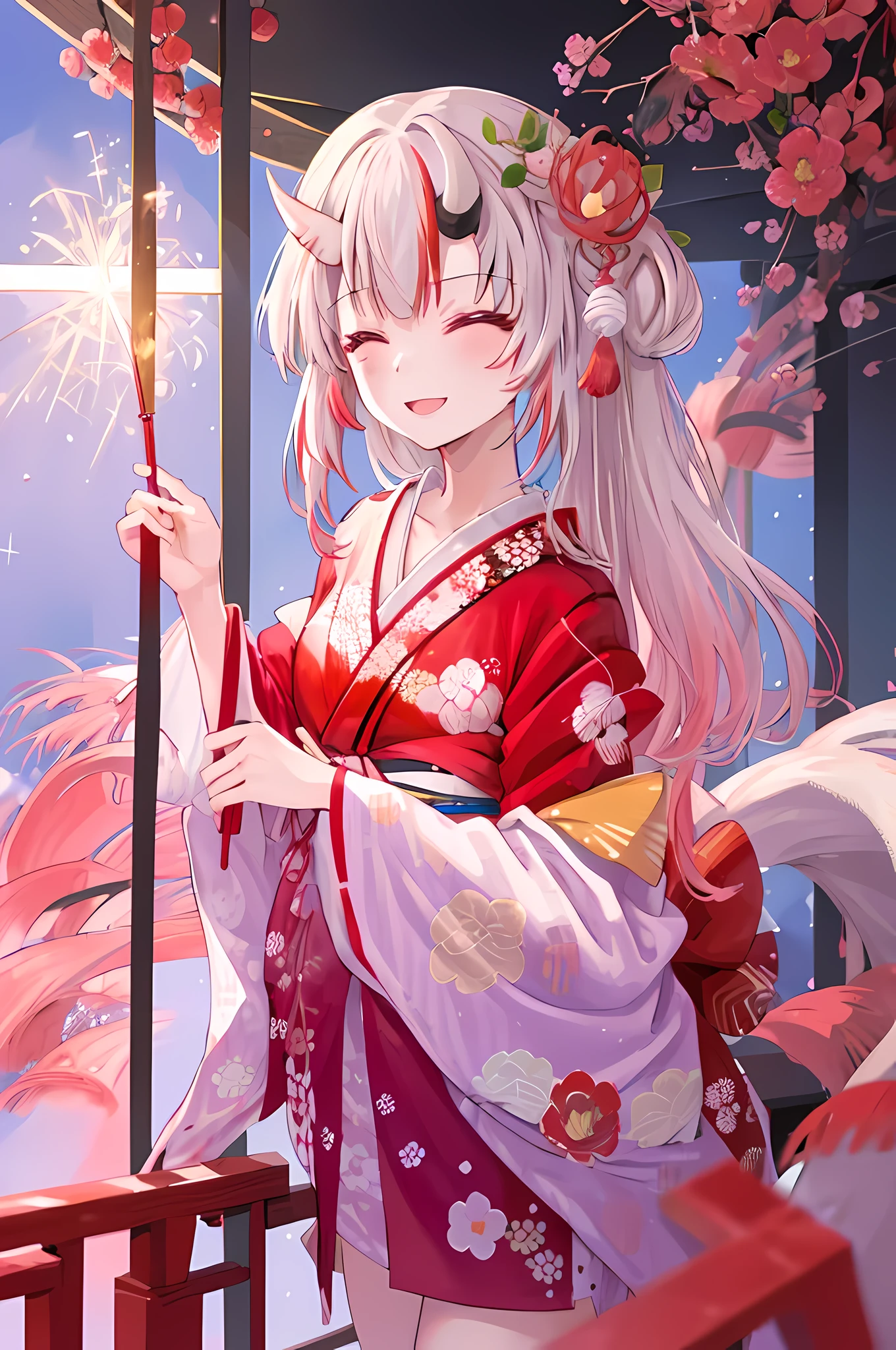 1 girl in、((Kiri Ayame:1.3))、Floral yukata、summer festival、((Turn around))、looking at camera、Open your mouth and smile、closed eyes smile、fireworks、festival stalls、(Highest quality high resolution)、((Masterpiece best quality:1.2)), [[with a bad face]], [[Multiple fingers]], [[[multiple limbs]]]