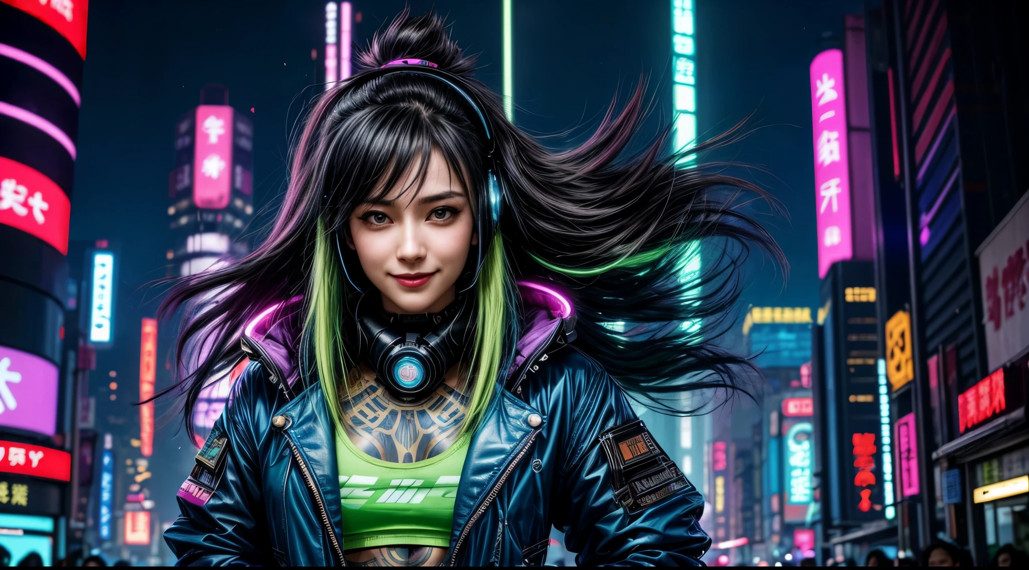 visage d'une fille sexy, headphone, navel ouvert, tenue cuir, magnifique visage japonais, tenue cyberpunk, blue & green long hair in wind, big smile, Multicolored lights, Contexte Cyberpunk City, de nuit, half the body, studio mannequin photoréaliste 8k, (gros sein:1,9), body tatouage,