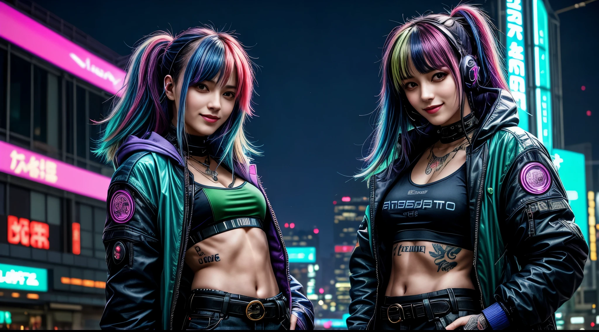 visage d'une fille sexy, headphone, navel ouvert, tenue cuir, magnifique visage japonais, tenue cyberpunk, blue & green long hair in wind, big smile, Multicolored lights, Contexte Cyberpunk City, de nuit, half the body, studio mannequin photoréaliste 8k, (gros sein:1,9), body tatouage,
