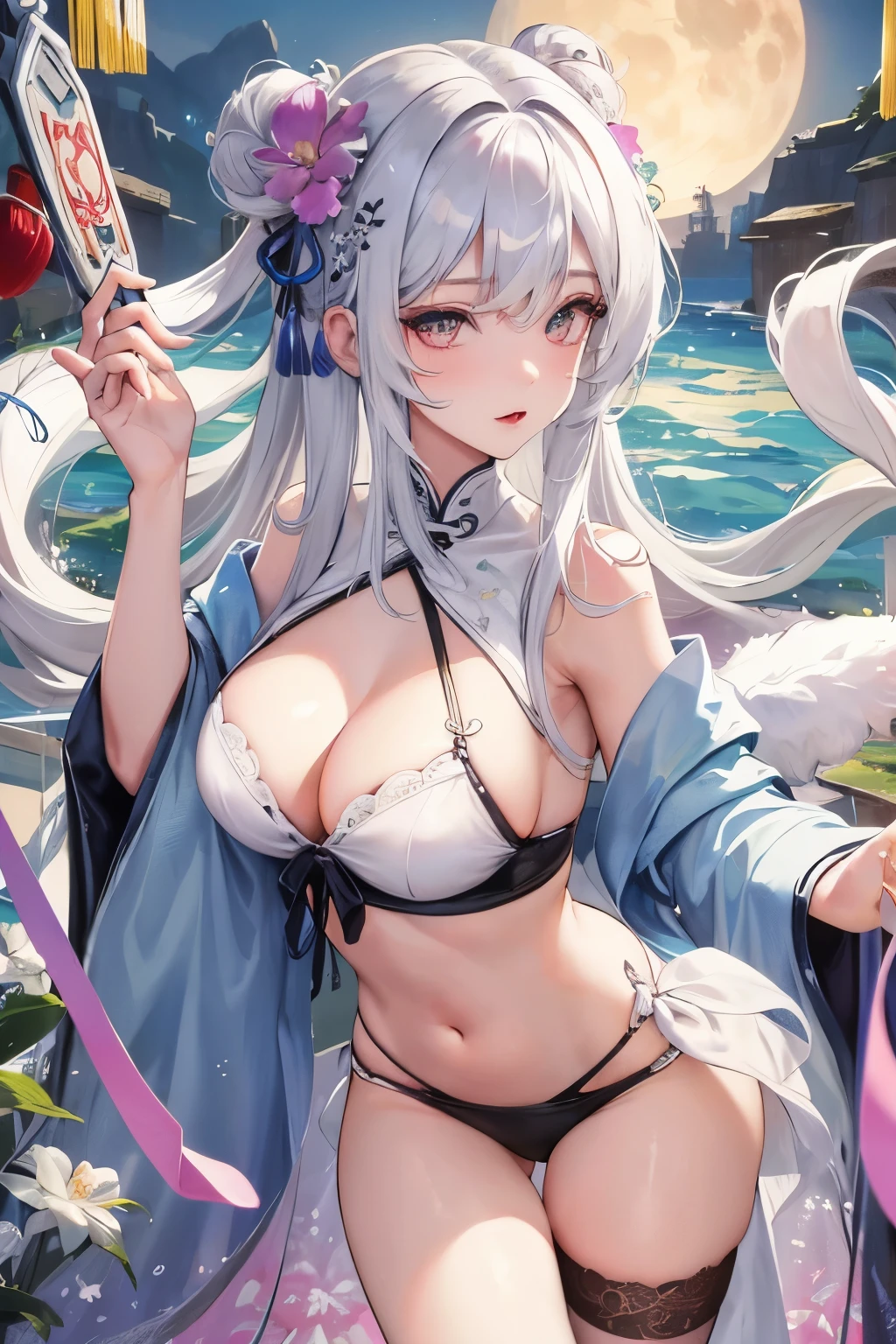 masterpiece, Beautifully, night, full moon, a girl, Mature, Chinese style, ancient China, elder sister, royal elder sister, cold expression, Poker face, woman with long silver white hair, Light pink lips, calm, ingenious, three times, gray pupil, assassin, Short sword, Flower ball background,swimsuit