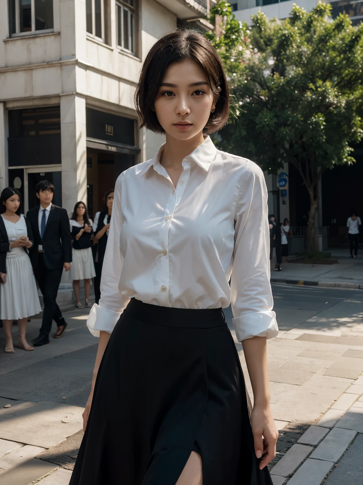 (8k, RAW photo, best quality, masterpiece:1.2), ultra detailed, ultra high res,an extremely delicate and beautiful, extremely detailed, Amazing, finely detail, huge file size, official art, extremely detailed CG unity 8k wallpaper,1girl, short hair, (23 years old:1.2), cute girl, chinesse japan oriental look, sexy look, kawaii,realistic body,,(elegant black blazer, long skirt, white shirt), office background outdoors, daylight, in crowd,dynamic lighting, ultra cinematic scene