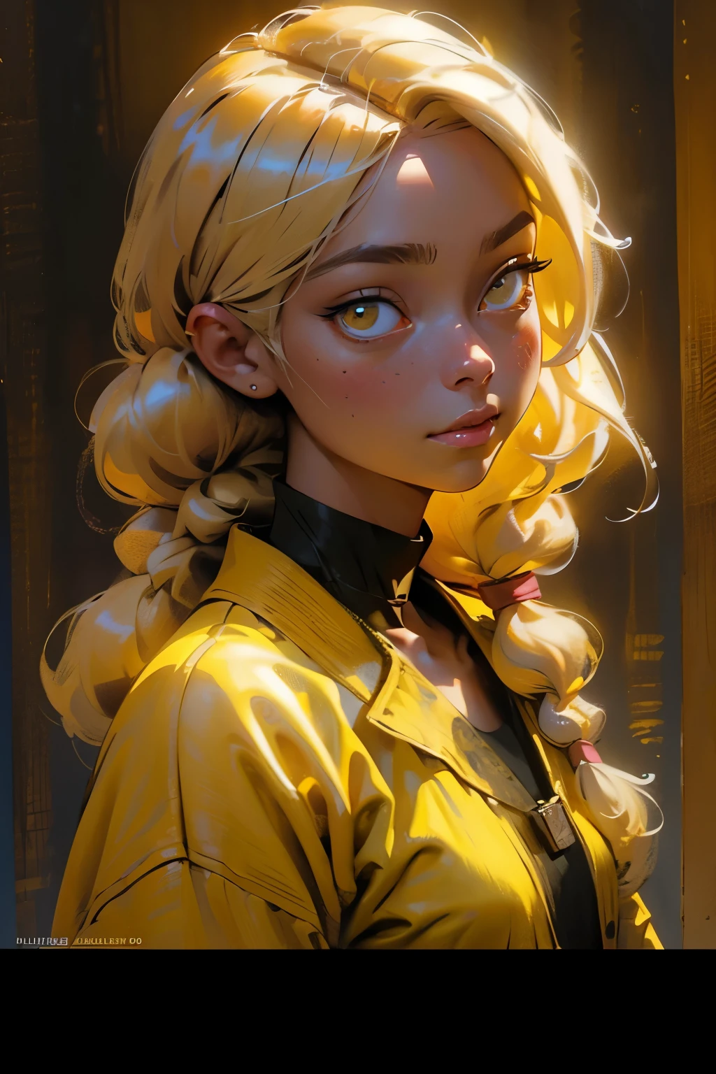 yellow eyes,braids,yellowish blonde hair,twin tails,yellow sweater,medium:oil painting,detailed scenery,soft lighting,vivid colors,highres,realistic，皮肤白，发夹