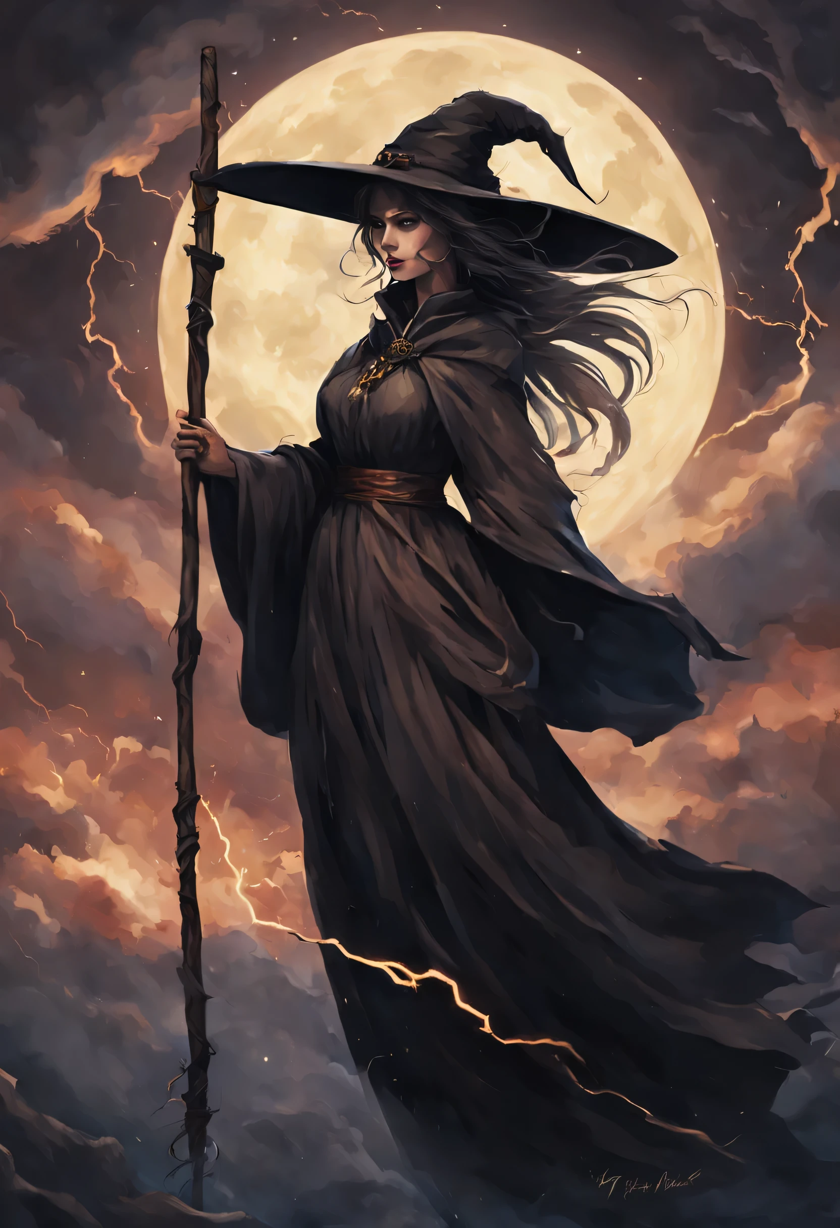 "(best quality,highres,realistic:1.37),scary witches flying on broomsticks, tense race above a cloud and thunderstorm-filled night sky, swirling ring of magic at the end, lightning outlining the course, full moon, mystical atmosphere, dramatic lighting, dark and eerie colors, witch hats and capes, hair flowing in the wind, intense expressions on their faces, intense focus and determination, broomsticks hovering in the air, crackling energy surrounding the broomsticks, ominous thunder and lightning, moonlight casting eerie shadows, mystical symbols in the sky, gusts of wind swirling around the witches, flying at high speed, competing for victory, anticipation and excitement, adrenaline-filled race, intense competition among witches, a thrilling and dangerous challenge, the world below disappearing in the darkness, stars twinkling in the night sky, the howling of the wind, clouds swirling ominously, wisps of fog adding to the eerie atmosphere, a sense of magic and mystery in the air."