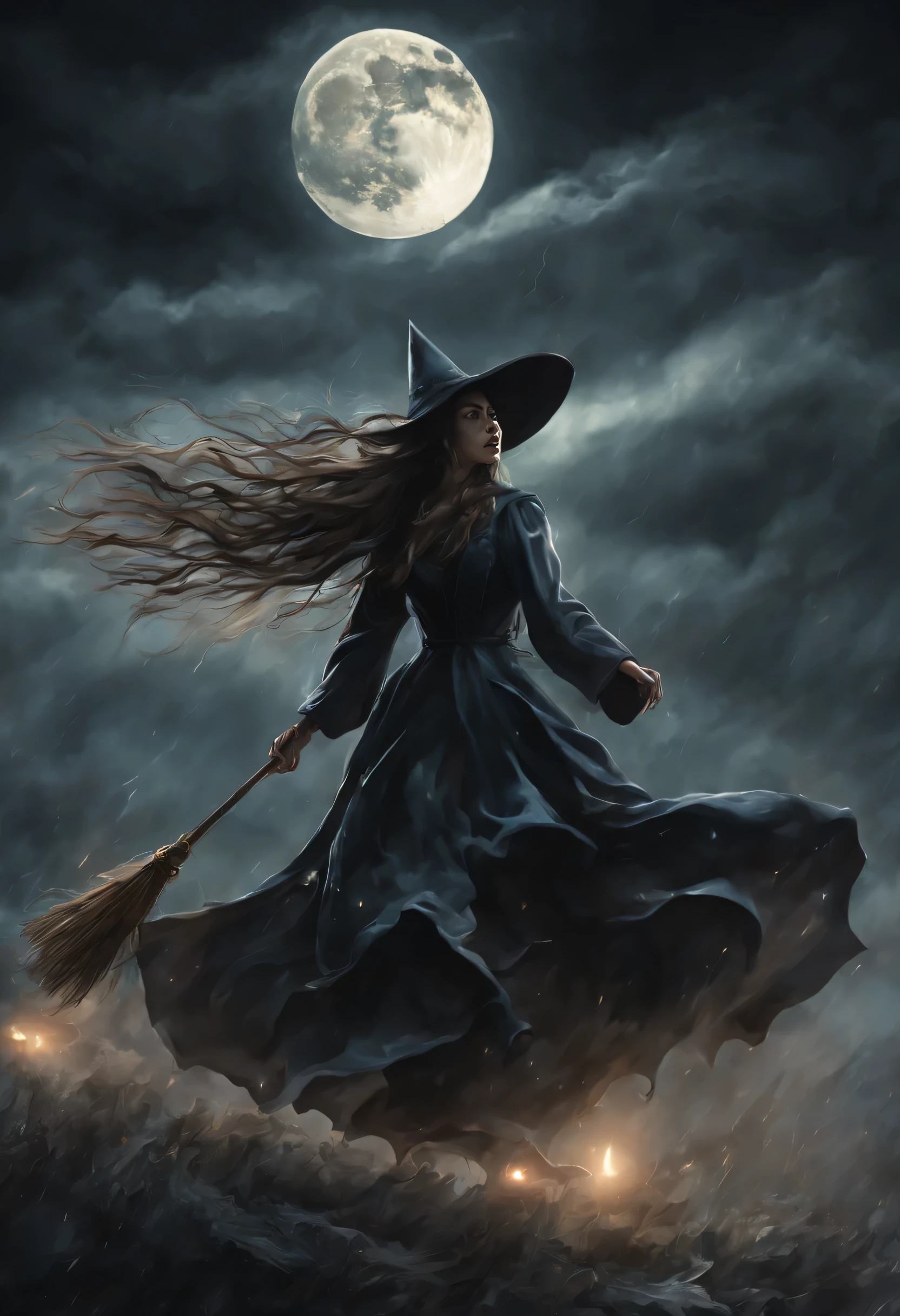 "(best quality,highres,realistic:1.37),scary witches flying on broomsticks, tense race above a cloud and thunderstorm-filled night sky, swirling ring of magic at the end, lightning outlining the course, full moon, mystical atmosphere, dramatic lighting, dark and eerie colors, witch hats and capes, hair flowing in the wind, intense expressions on their faces, intense focus and determination, broomsticks hovering in the air, crackling energy surrounding the broomsticks, ominous thunder and lightning, moonlight casting eerie shadows, mystical symbols in the sky, gusts of wind swirling around the witches, flying at high speed, competing for victory, anticipation and excitement, adrenaline-filled race, intense competition among witches, a thrilling and dangerous challenge, the world below disappearing in the darkness, stars twinkling in the night sky, the howling of the wind, clouds swirling ominously, wisps of fog adding to the eerie atmosphere, a sense of magic and mystery in the air."