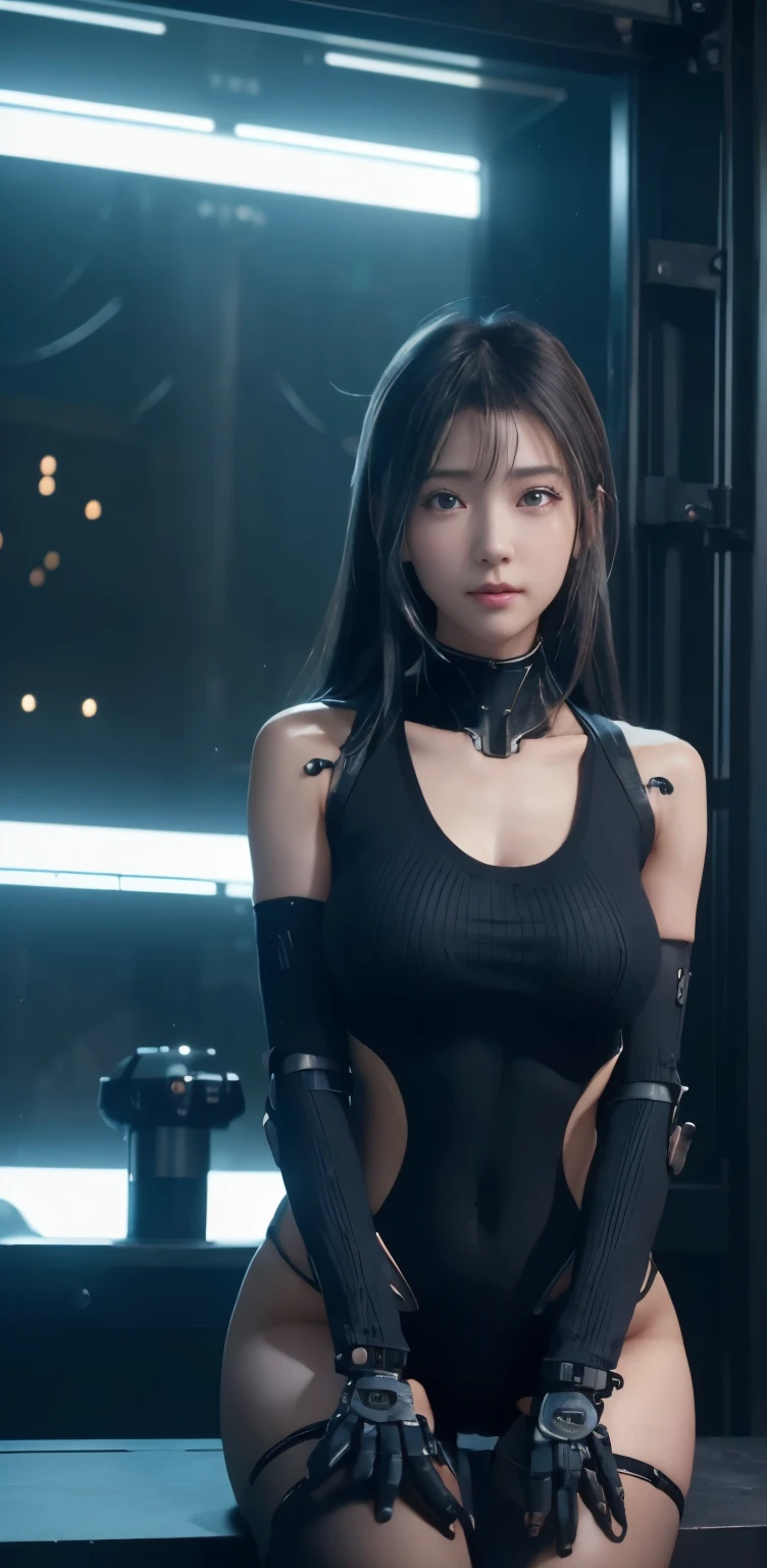 masterpiece、((black sweater))、 ((plug suit)), ((beautiful girl:1.2))、no arms、no clavicle、bare shoulders、mechanized body、Mechanized chest and abdomen、mechanized occiput、Mecha leg rack metallic suit that fits perfectly to the body、 Are standing、tied up、金属robot、((cyberpunk background))、(neon light)、(Futuristic machine factory background)、Cyberdyne、artificial body、All metal body、ironwork、abdominal mechanism、((robotアームとハンド))、((robotの足))、((machine neck))、Inside the spaceship、beautiful girl、16 years old、asian beauty, (Actuator and cable exposed from abdomen.、金属製robotの首から胴体までつながっている、Complex 3d rendering beautiful porcelain profile super get used to itd female android face、cyborg、robot部品、150mm、Soft light in a beautiful studio、rim light、vivid details、gorgeous cyberpunk、Ren Hao、超realistic、anatomical、facial muscles、cable wire microchip、elegant、beautiful background、octane rendering、HR giger style、8K、highest quality、masterpiece、enlightenment、very delicate and beautiful、 非常にget used to itなCG、unity、wallpaper、(realistic、Photoreal:1.37)、wonderful、get used to it、masterpiece、highest quality、official art、Highly get used to itd CG unity 8k wallpaper、absurd、incredibly absurd、、robot、silver bead body esbian、sit on top