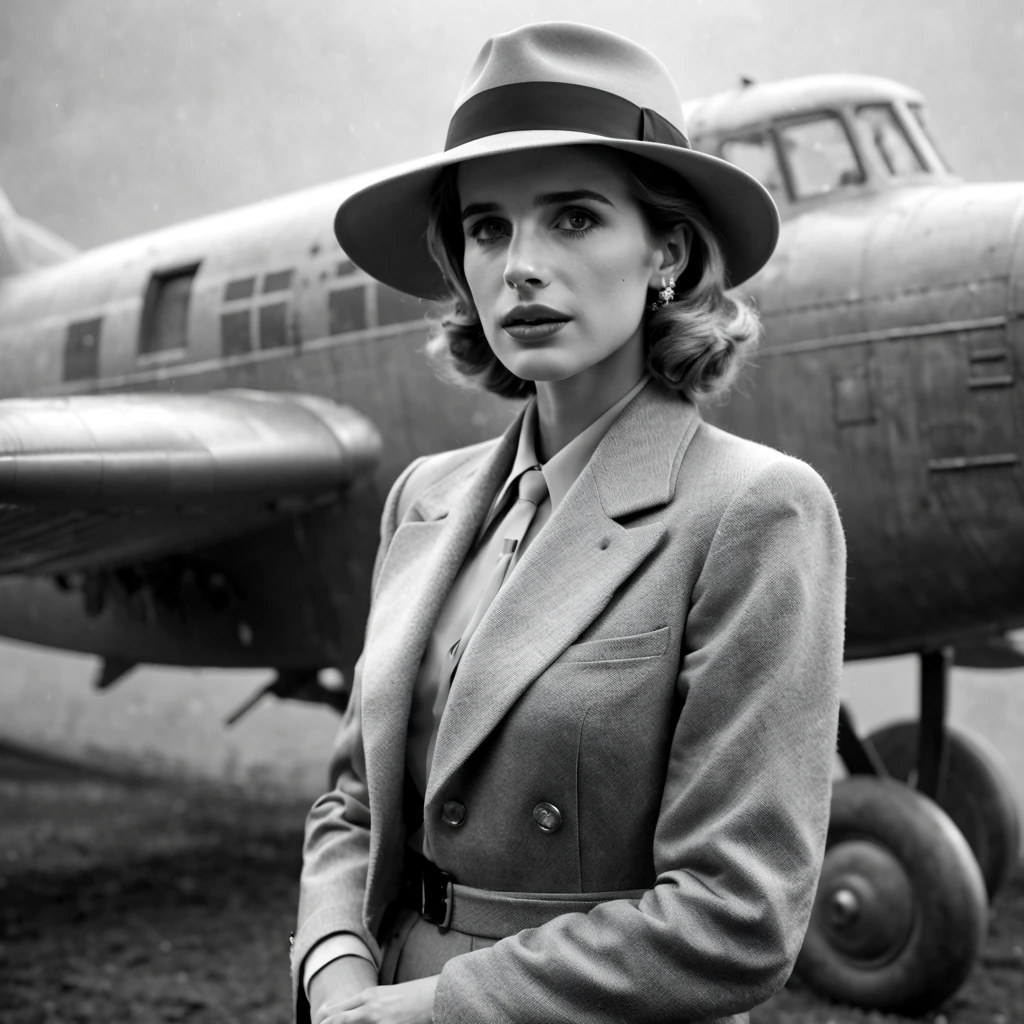 Emma Roberts as Ingrid Bergman in the film Casablanca. She wears a classic gray hat with a black band. Grey suit. Abroad. At night. Fog. In the out-of-focus background, a Lockheed Model 12 Electra Junior airplane. Cinema-style black and white photography from the 1940s. Full body