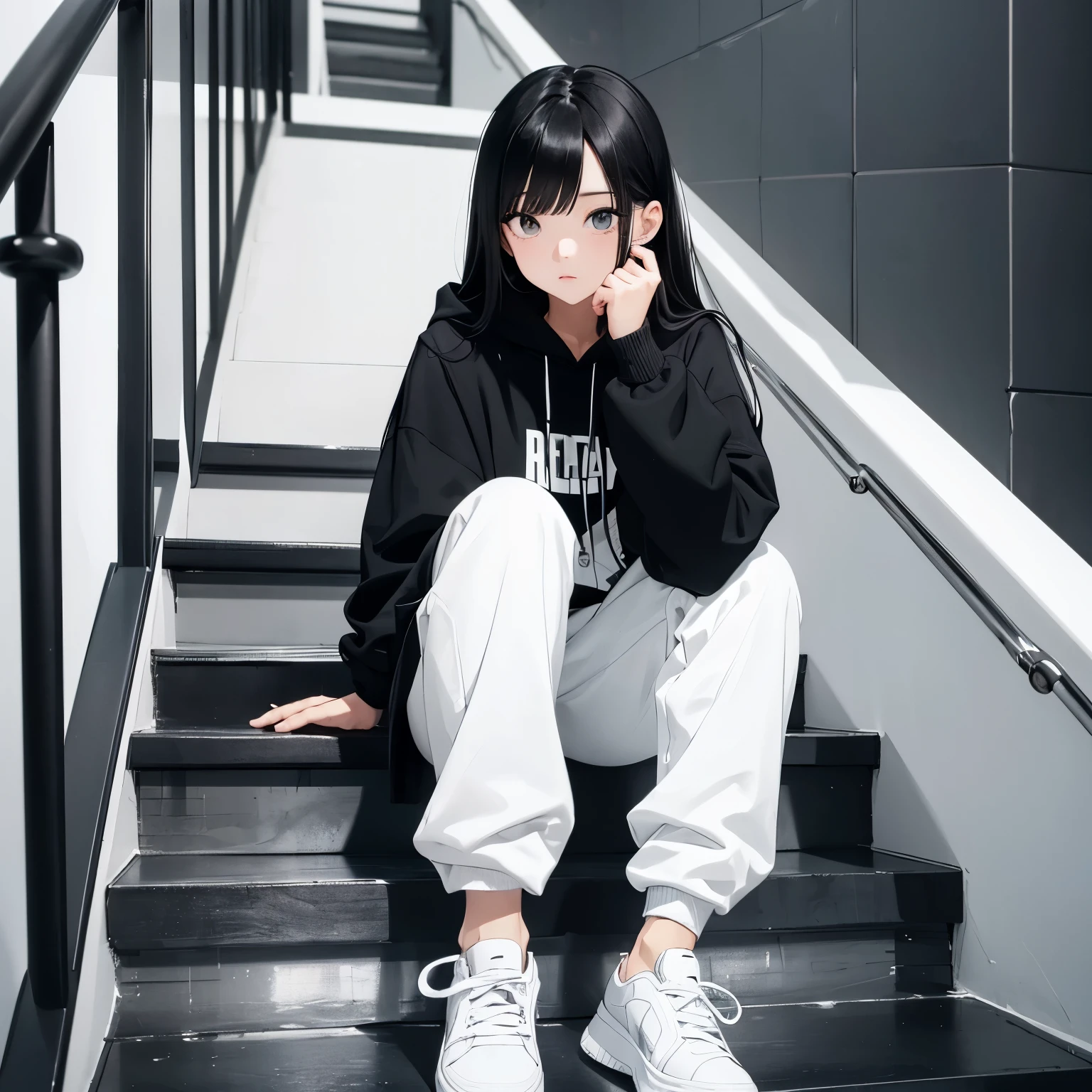 A beautiful and cute girl, long black hair, black and white hoodie, trousers, sneakers, decent, sit, tall, stand stairs, pretty