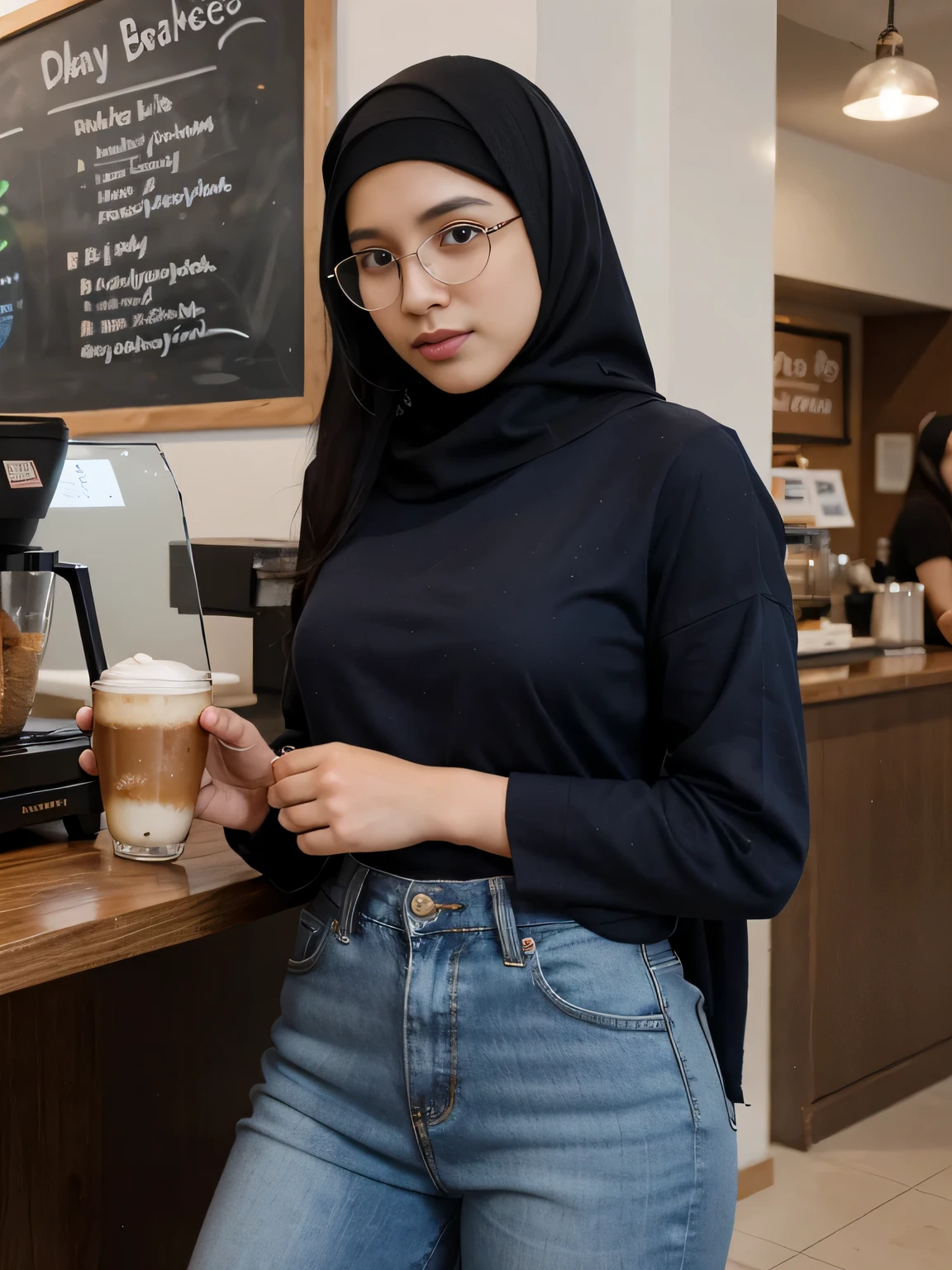 Wear blue hijab, Zahra Ayu 21 years old 160cm 55kg, blue closed dress, Big breast. black jeans. Bright face. In coffee shop. Wearing modest yet snug attire. Wear glasses. bright.