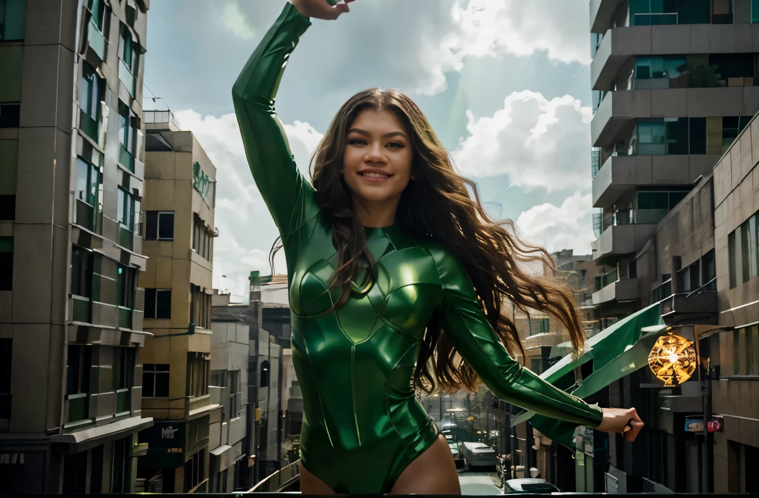 zendaya, extremely long hair, bright green eyes, green lantern suit, soft green light around, on the air, showing the power of the green ring, smiling, floating in the air over buildings, hero pose, photorealistic portrait, cinematic, overcast, front view, 4k resolution, hyperdetailed