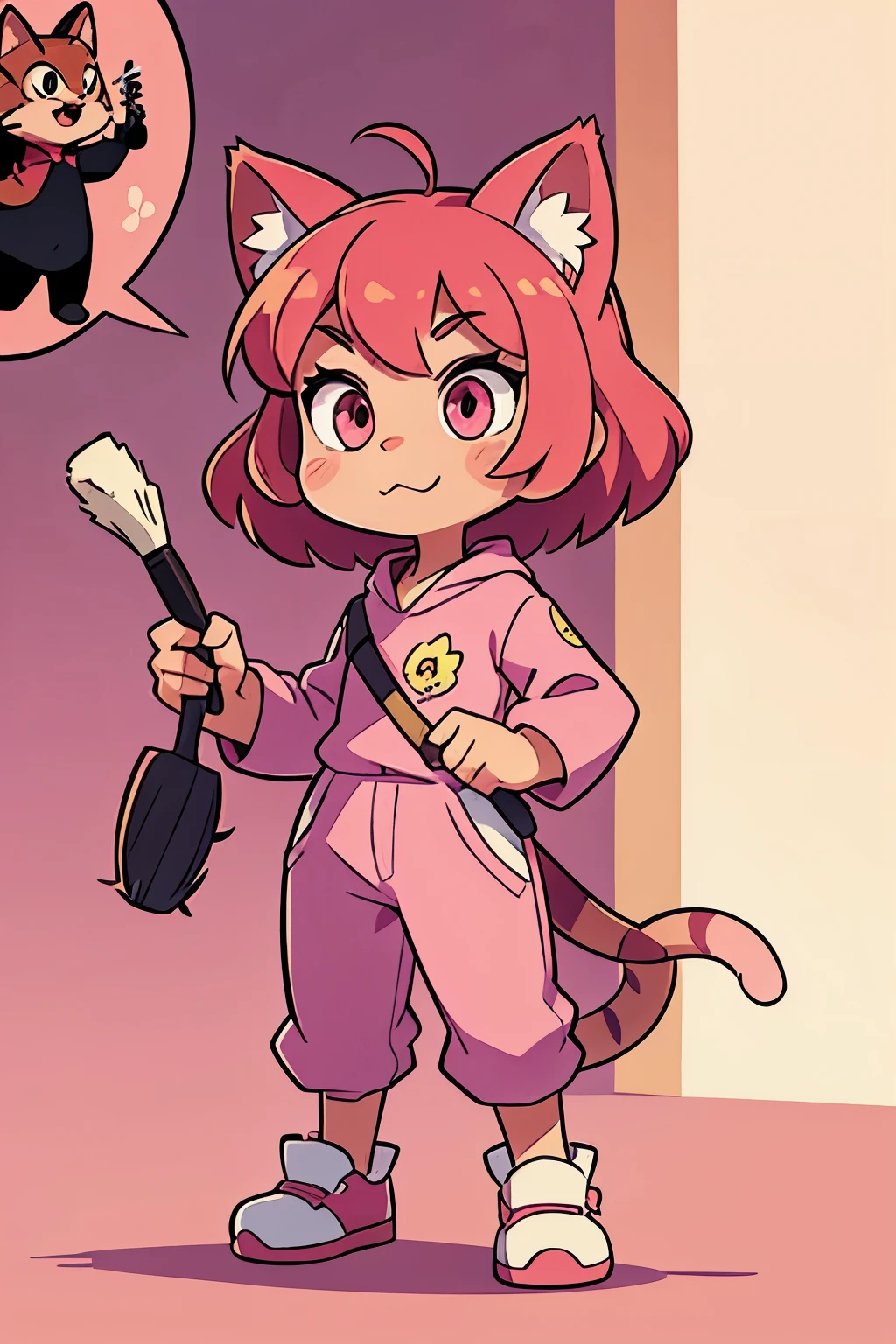 a cat wear a pink dragon mascot and hold a brush, cartoon, sticker line, comic, character design,