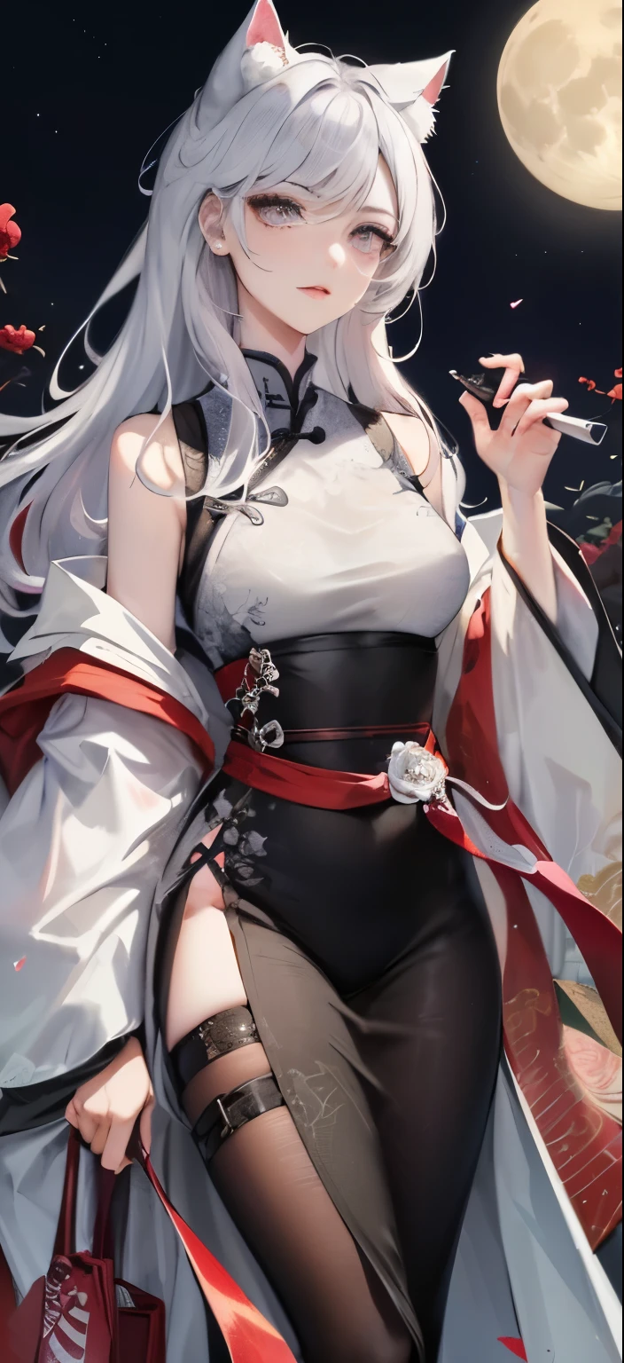 Masterpiece, Best, Night, Full Moon, 1 Female, Mature Woman, Chinese Style, Ancient China, Elder Sister, Royal Sister, Cold Face, Expressionless, Silver White Long Haired Woman, Pale Pink Lips, Calm, Intellectual, Three Belts, Gray Hitomi, assassin, dagger, flower ball background, street view