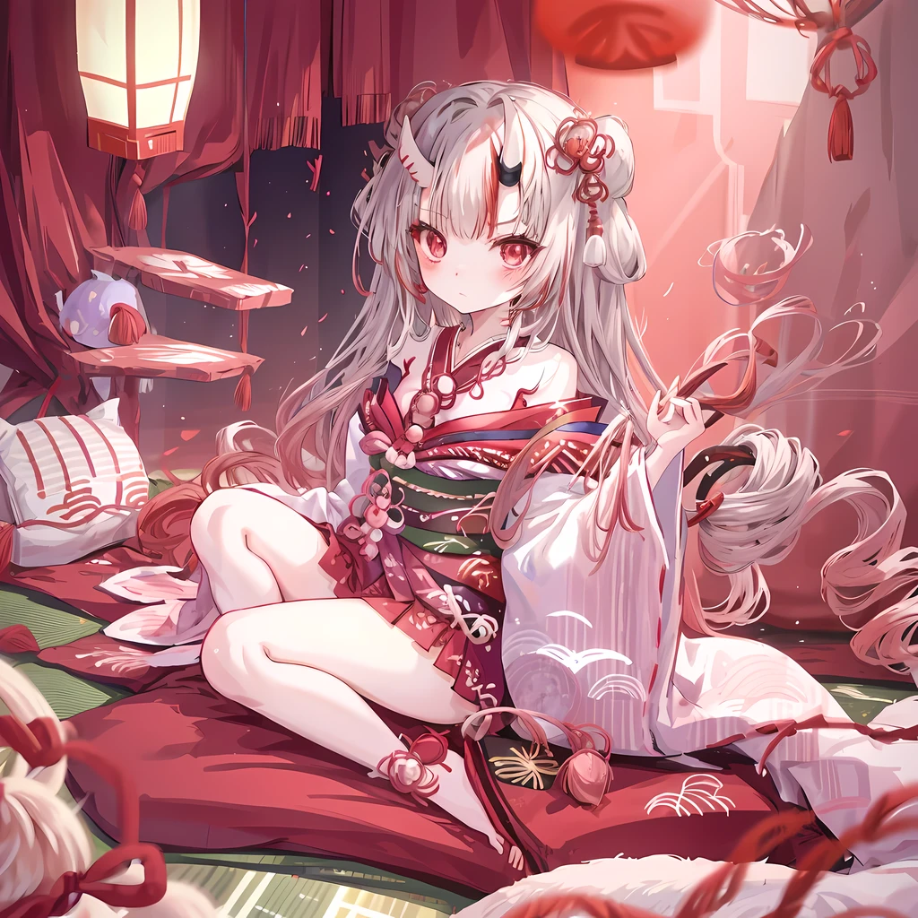 Kiri Ayame, silver hair、The hair stood on end、red eyes、a girl、kawaii、and soul、kimono、Off the shoulders、mini skirt、red blush、Traditional Japanese-style room、sit on it