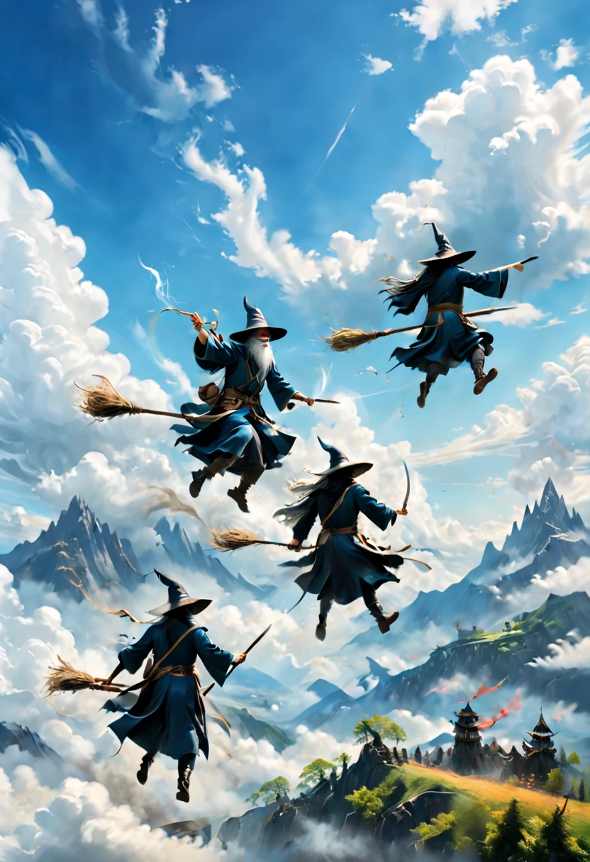 on a bright afternoon，Several wizards compete on broomsticks under the blue sky。They shuttle among the clouds，intense competition，chasing each other。The background is a vast sky and distant mountains，Gives people a feeling of flying。