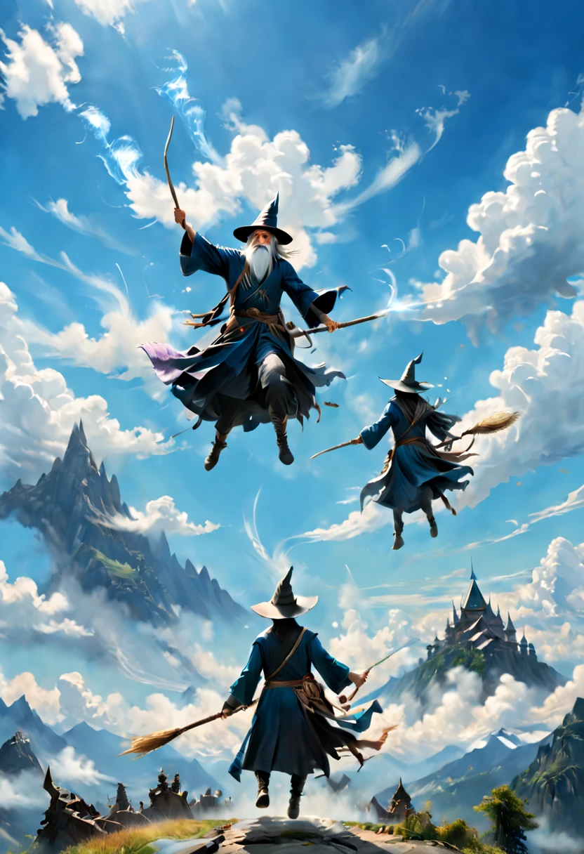 on a bright afternoon，Several wizards compete on broomsticks under the blue sky。They shuttle among the clouds，intense competition，chasing each other。The background is a vast sky and distant mountains，Gives people a feeling of flying。