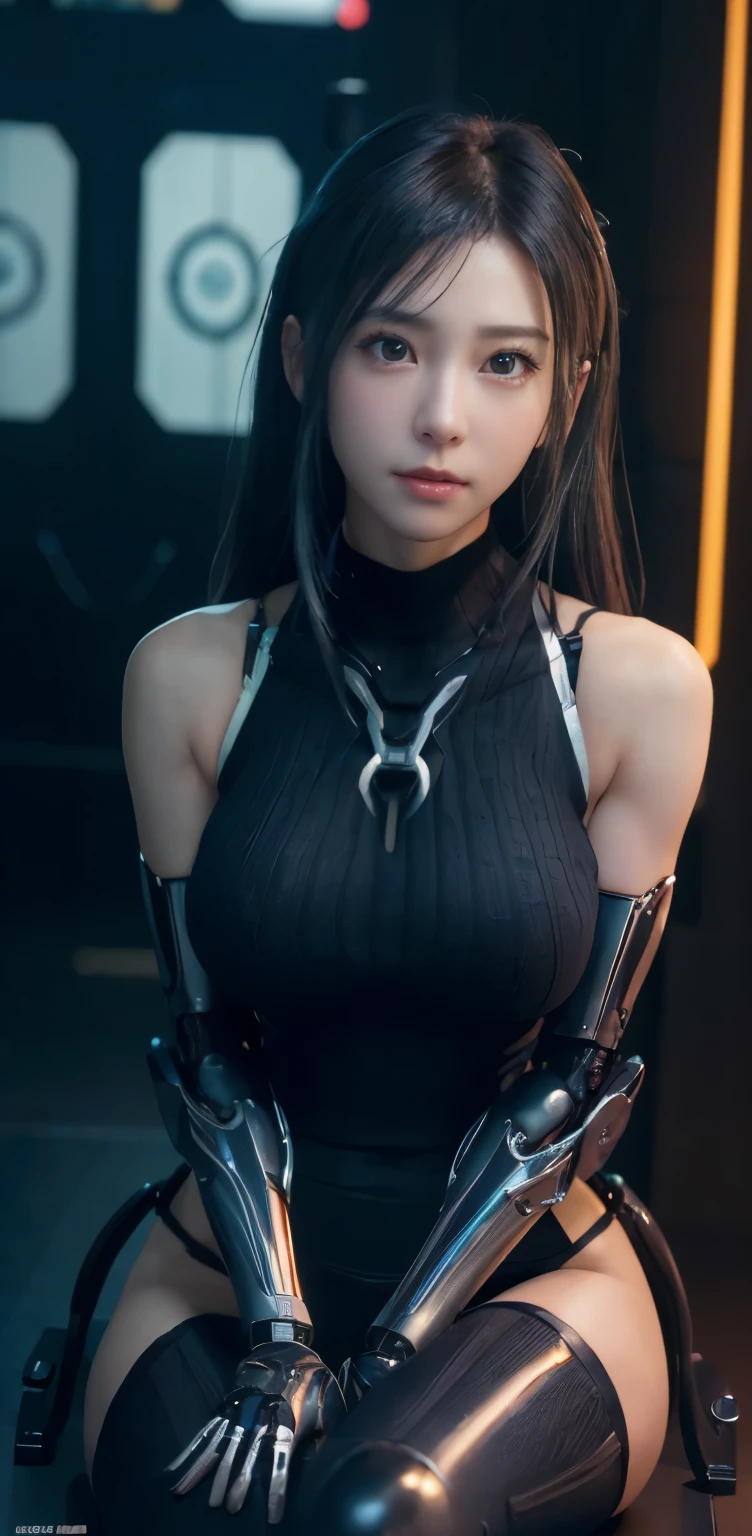 masterpiece、((black sweater))、 ((plug suit)), ((beautiful girl:1.2))、no arms、no clavicle、bare shoulders、mechanized body、Mechanized chest and abdomen、mechanized occiput、Mecha leg rack metallic suit that fits perfectly to the body、 Are standing、tied up、金属robot、((cyberpunk background))、(neon light)、(Futuristic machine factory background)、Cyberdyne、artificial body、All metal body、ironwork、abdominal mechanism、((robotアームとハンド))、((robotの足))、((machine neck))、Inside the spaceship、beautiful girl、、asian beauty, (Actuator and cable exposed from abdomen.、金属製robotの首から胴体までつながっている、Complex 3d rendering beautiful porcelain profile super get used to itd female android face、cyborg、robot部品、150mm、Soft light in a beautiful studio、rim light、vivid details、gorgeous cyberpunk、Ren Hao、超realistic、anatomical、facial muscles、cable wire microchip、elegant、beautiful background、octane rendering、HR giger style、8K、highest quality、masterpiece、enlightenment、very delicate and beautiful、 非常にget used to itなCG、unity、wallpaper、(realistic、Photoreal:1.37)、wonderful、get used to it、masterpiece、highest quality、official art、Highly get used to itd CG unity 8k wallpaper、absurd、incredibly absurd、、robot、silver bead body esbian、sit on top