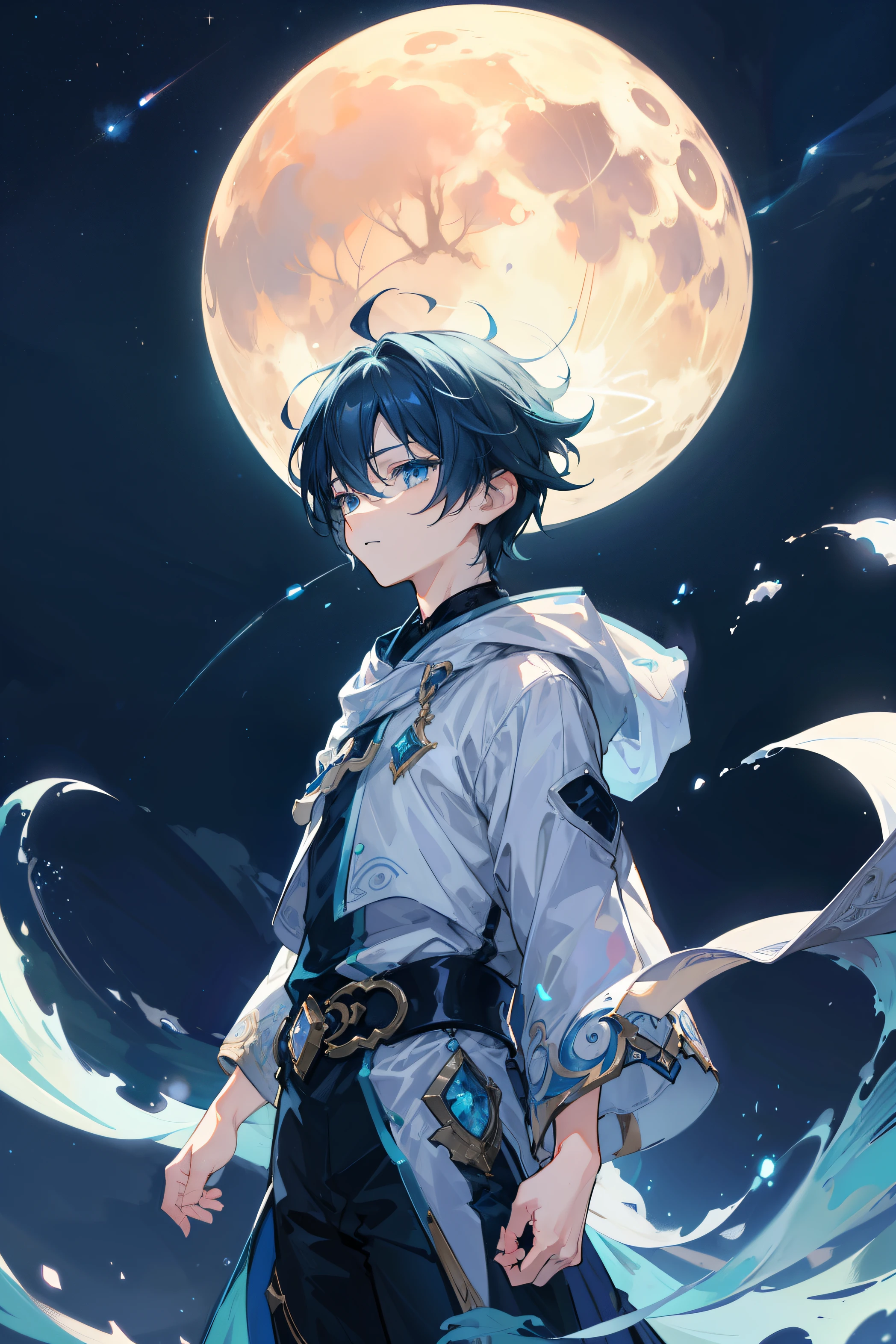 Create exquisite illustrations reminiscent of Makoto Shinkai&#39;Style, Features ultra-fine details and top-notch quality. Create an illustration of a boy looking up at the full moon in a fantastic night sky. boy&#39;facial expression is neutral, In those eyes、Contains awe and admiration for the beauty of the moon.. moon, Floating in the fantastic night sky, Emits a mesmerizing glow that illuminates the surrounding clouds and stars. The entire illustration evokes a dreamlike atmosphere。, Otherworldly atmosphere, Transports viewers to a realm where the beauty of the night is celebrated. boy&#39;s androgynous expression&#39;face、Allows the viewer to project their own emotions onto the scene, Make a personal and immersive connection with an enchanting night