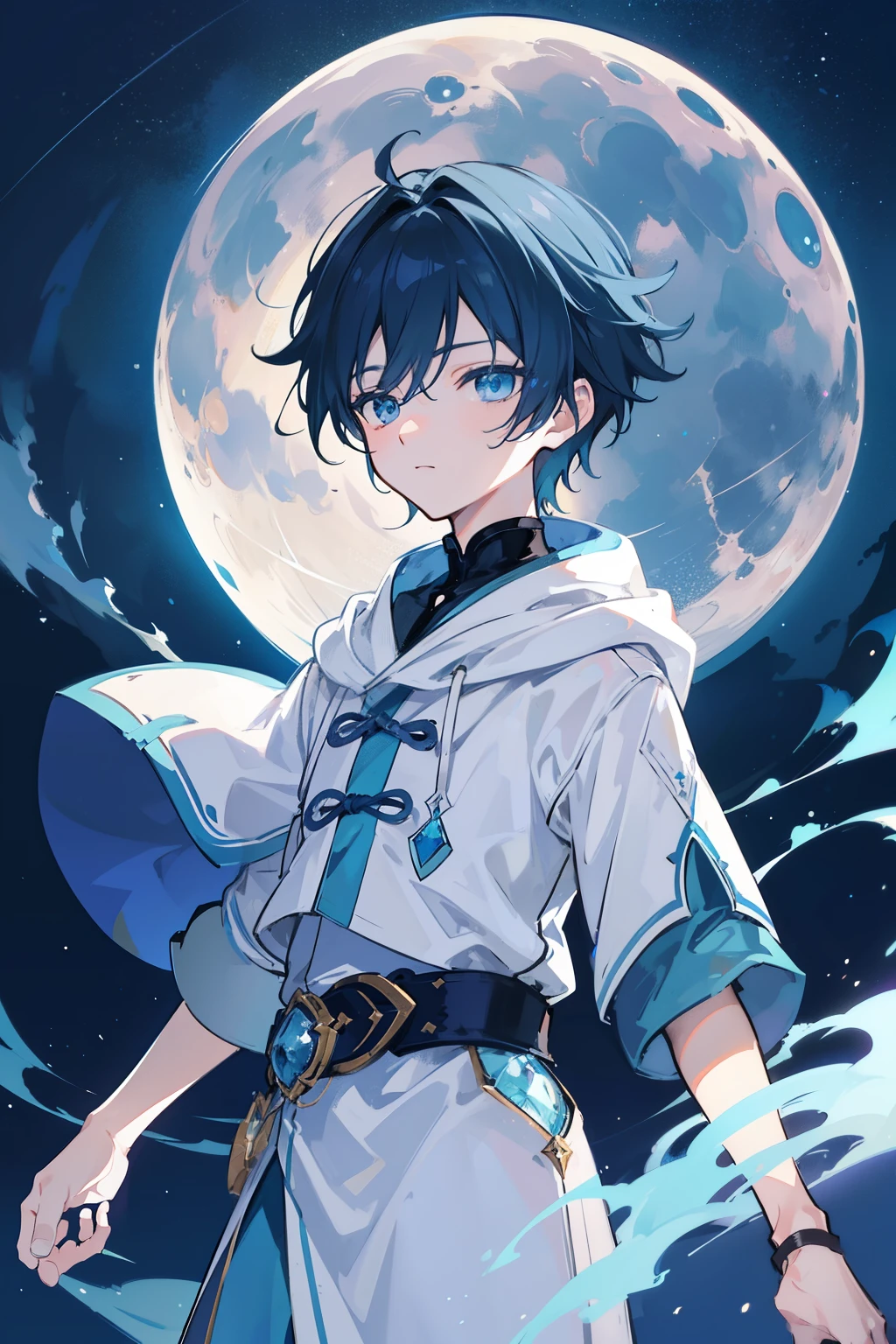 Create exquisite illustrations reminiscent of Makoto Shinkai&#39;s style, Features ultra-fine details and top-notch quality. Create an illustration of a boy looking up at the full moon in a fantastic night sky. The boy&#39;s expression is neutral, In those eyes、Contains awe and admiration for the beauty of the moon.. moon, Floating in the fantastic night sky, Emits a mesmerizing glow that illuminates the surrounding clouds and stars. The entire illustration should evoke a dreamy, otherworldly atmosphere, Transports viewers to a realm where the beauty of the night is celebrated. The neutral expression on the boy&#39;s face、Allows the viewer to project their own emotions onto the scene, Make a personal and immersive connection with the enchanting night