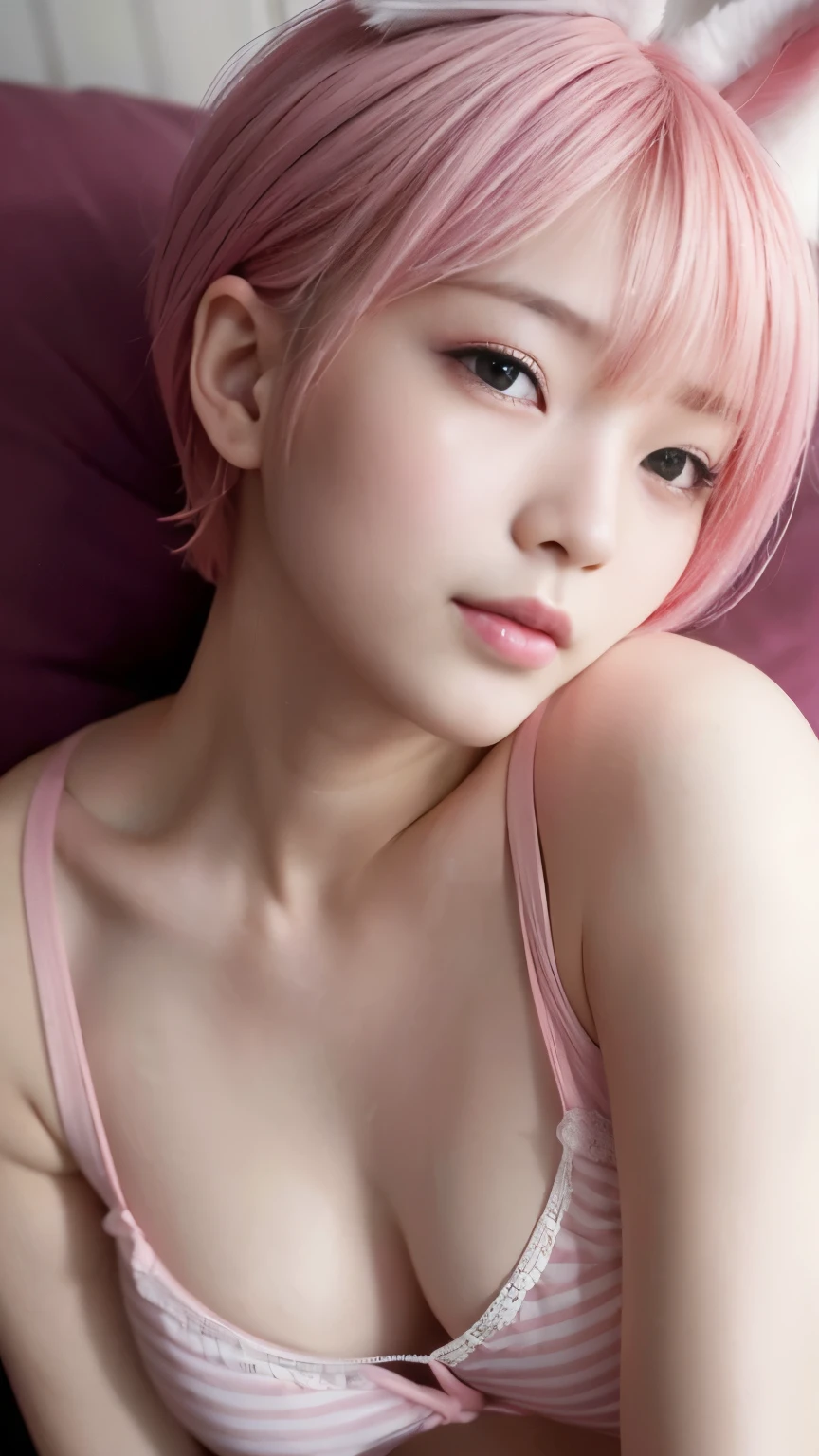 on the bed、lie down、sleep、Close ~ eyes、sleep、A hotel room、Pajamas、pajamas、Pink short cut hair、pink hair color、Pink rabbit ears stick out of the head、the woman is japanese、K-pop、cute face、Small underwear、muste piece、Transparent white skin、pink hair、Beautiful rabbit woman、Healthy five-fingered not ragged、Number of normal fingers、small breasts、short cut bob、不快感のないAnatomically correct number of fingers、beautiful nose、beautiful eyes、Pink short cut hair、(8K, highest quality, masterpiece:1.2), (real, photorealistic:1.37)、cute、(A sloppy smile:1.15)、(smile)、small breasts、(short hair:1.2)、master piece、ピンクのshort cut bob、realなウサギの耳、ピンクのrealなウサギの耳、頭から突き出ているウサギのrealな耳、pink hair、A beautiful girl with a bewitching atmosphere、beautiful shaped hands、K-pop、Pink rabbit ears、1 girl、Report、masterpiece、highest quality、real、hyper detail、disorganized、短いpink hair、Slender beauties、dynamic lighting、High resolution、sharp focus、Depth of bounds written、(thick thighs:1.0)、slender :1.2,((short cut bobの髪))、((K-pop:1.3)),Highly detailed face and skin texture、((troublesome)),Anatomically correct number of fingers,correct anatomy