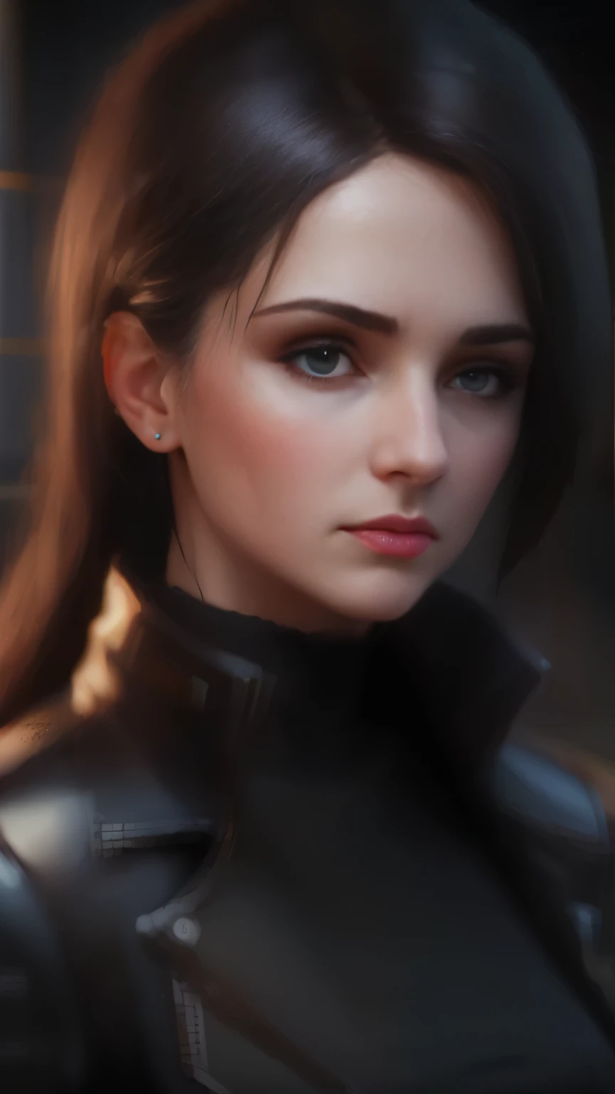 there is a woman in a black shirt and a black jacket, soft portrait shot 8K, cinematic realistic portrait, Portrait rendering 8k, unreal engine 5 quality render, very detailed portrait with visual effects, unreal engine 5 highly rendered, Realistic face, moody lighting, small character. unreal engine 5, unreal engine 5 quality, rendered unreal engine 5, unreal engine 5 4k render
