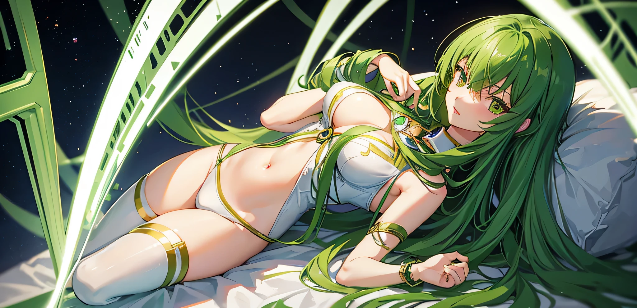 Lelouch character c from code Geass Resurrection with green hair.c.like a cute girl,white pilot suit,big breasts,sexy