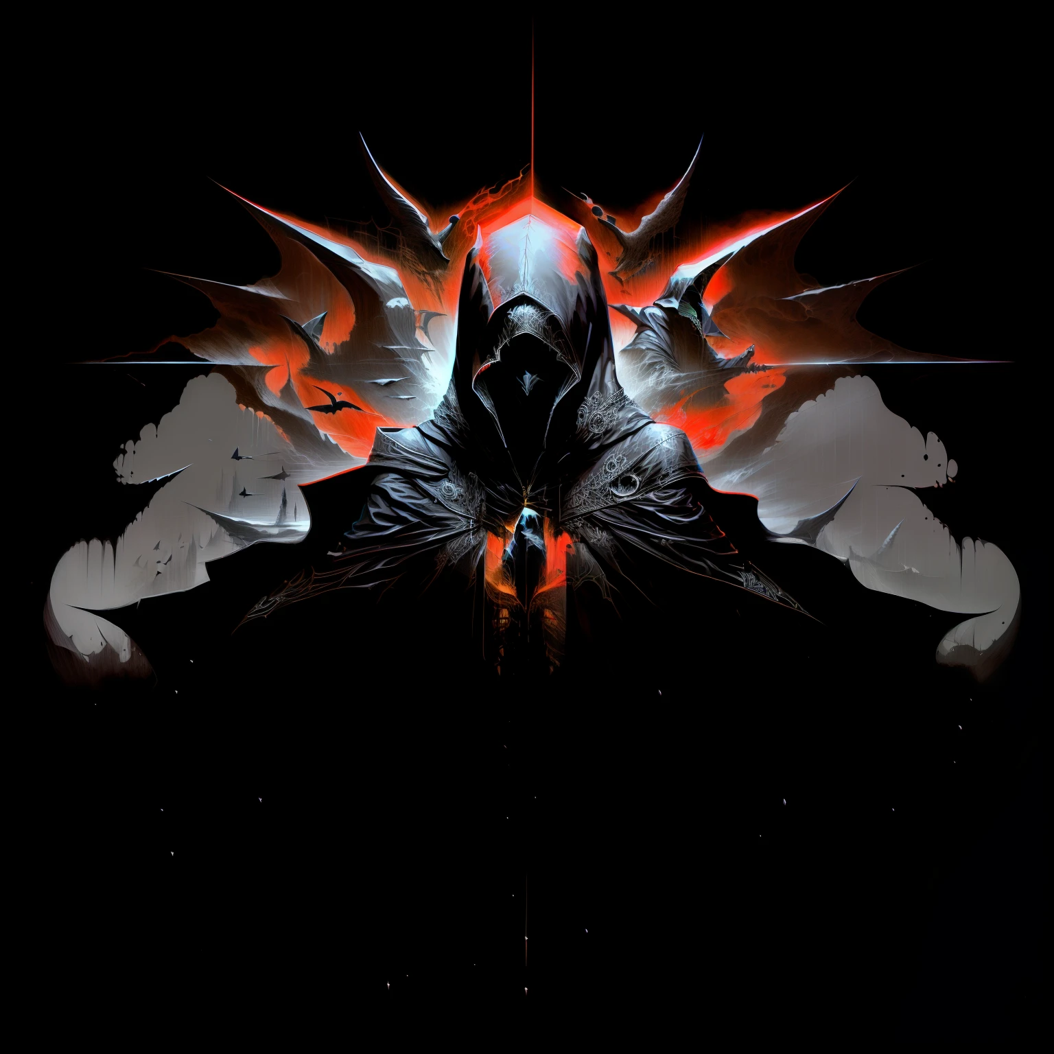 a black and white image of a person with a sword, hooded cloaked sith lord, dark art style, dark illustration, in style of dark fantasy art, hooded figures, occult inspired, hooded figure surreal, thief red riding hood, phone wallpaper, red hoods, red hooded mage, heavy metal tshirt design, hooded figure, wearing sith hood, dark fantasy digital art