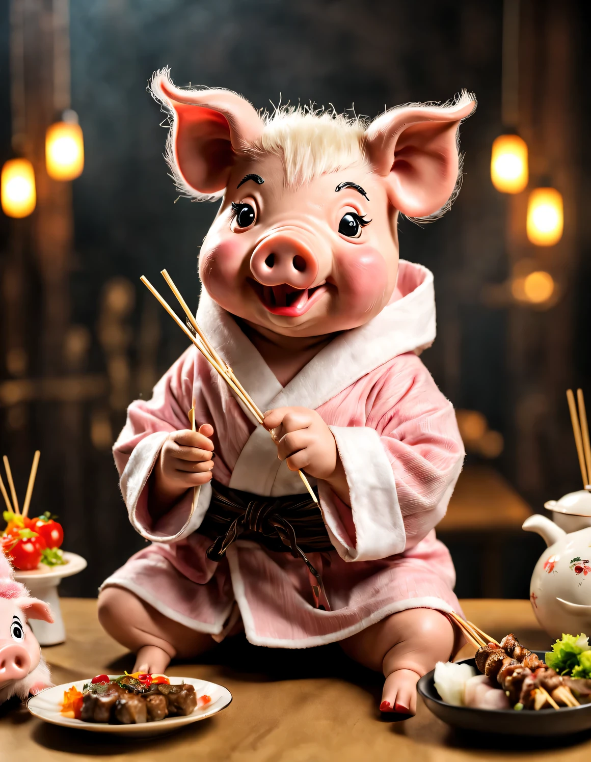 The little pig puppet is greedily eating the big on skewers with chopsticks,wearing shabby robekground dining table,Coarse pig hair,