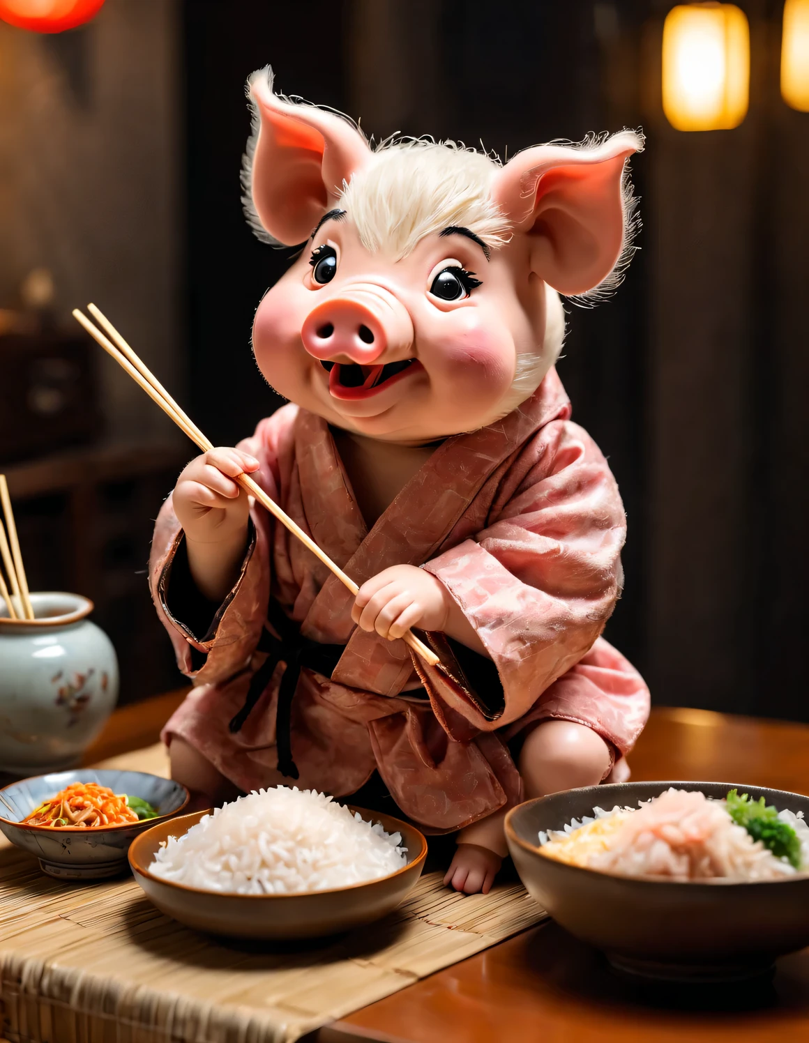 The little pig puppet is greedily eating rice with chopsticks，wearing shabby robes，background dining table，Coarse pig hair，