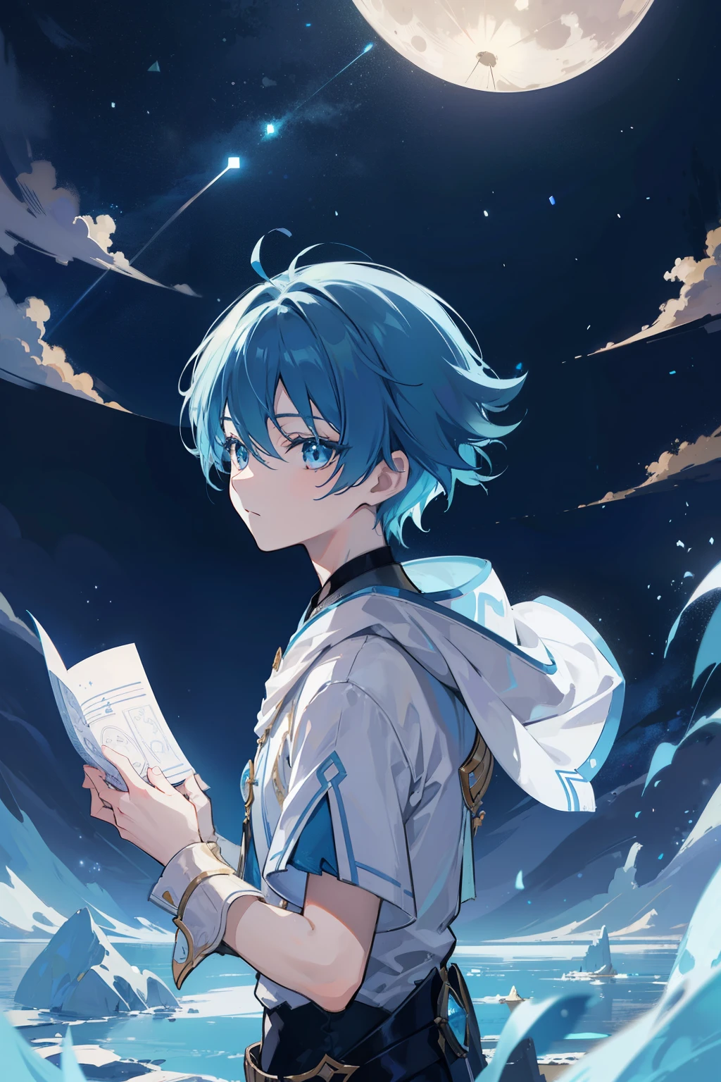 Create exquisite illustrations reminiscent of Makoto Shinkai&#39;s style, Features ultra-fine details and top-notch quality. Create an illustration of a boy looking up at the full moon in a fantastic night sky. The boy&#39;s expression is neutral, In those eyes、Contains awe and admiration for the beauty of the moon.. moon, Floating in the fantastic night sky, Emits a mesmerizing glow that illuminates the surrounding clouds and stars. The entire illustration should evoke a dreamy, otherworldly atmosphere, Transports viewers to a realm where the beauty of the night is celebrated. The neutral expression on the boy&#39;s face、Allows the viewer to project their own emotions onto the scene, Make a personal and immersive connection with the enchanting night