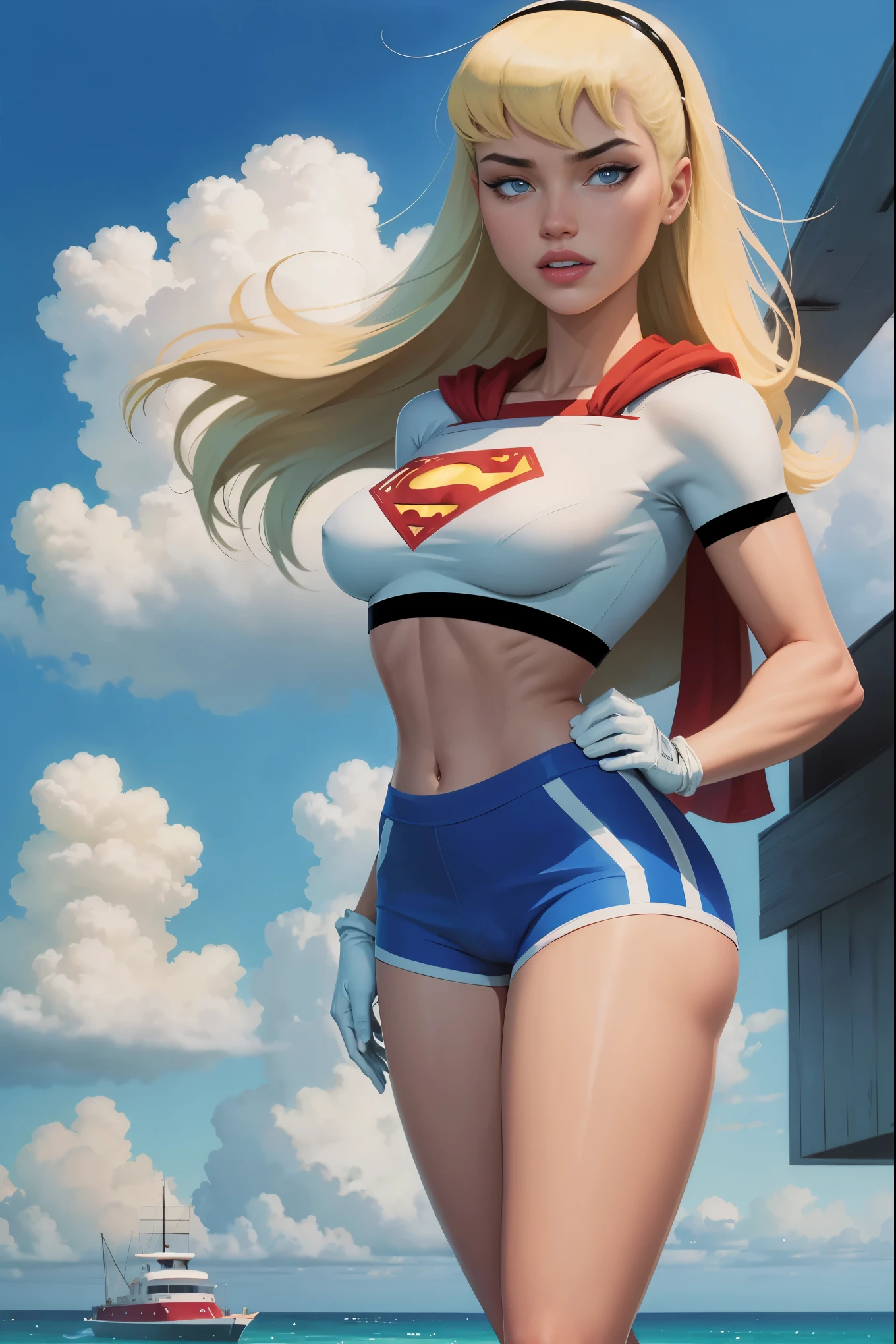 Supergirl,1girl,long blonde hair,hair band,white crop top,dolphin shorts, whitegloves,boots, floating in the clouds, large breasts, half shirt showing bottom halves of her breasts, dynamic, sexy, slutty