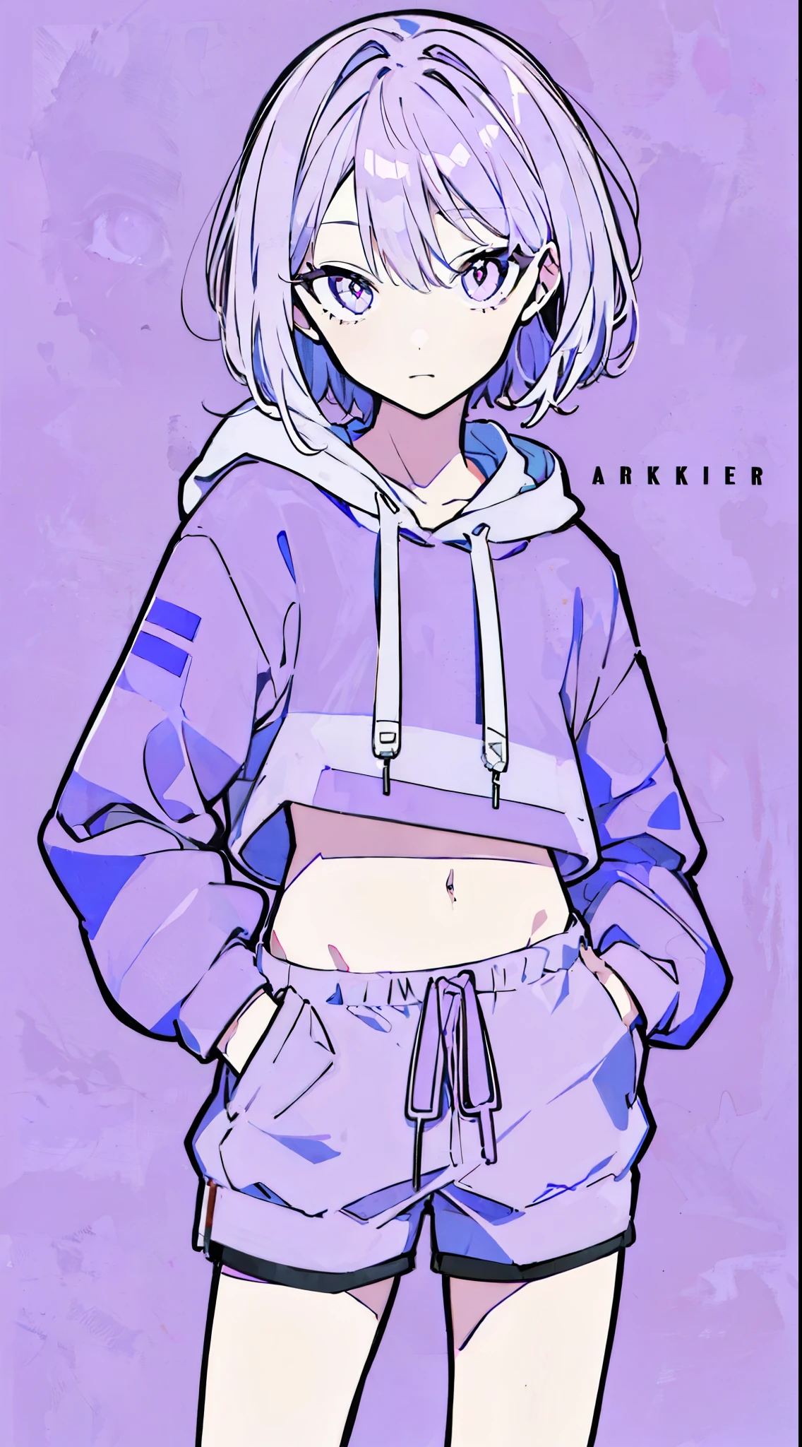 (masterpiece, highest quality:1.6), alone, thick outline, (simple background, light purple background, monochrome, light purple theme:1.2), official art, Key Visual, 8K, confused, whole body, (Unique hair, oversized hoodie, hot pants, arch back, short torso:1.2), belly button, thighs, cowboy shot, HDR, sharp focus, High resolution, most detailed, very detailed, Super detailed, finely, detailed eyes and face, sharp pupils, realistic student, alone, purple and white contrast, alone, hands in pockets