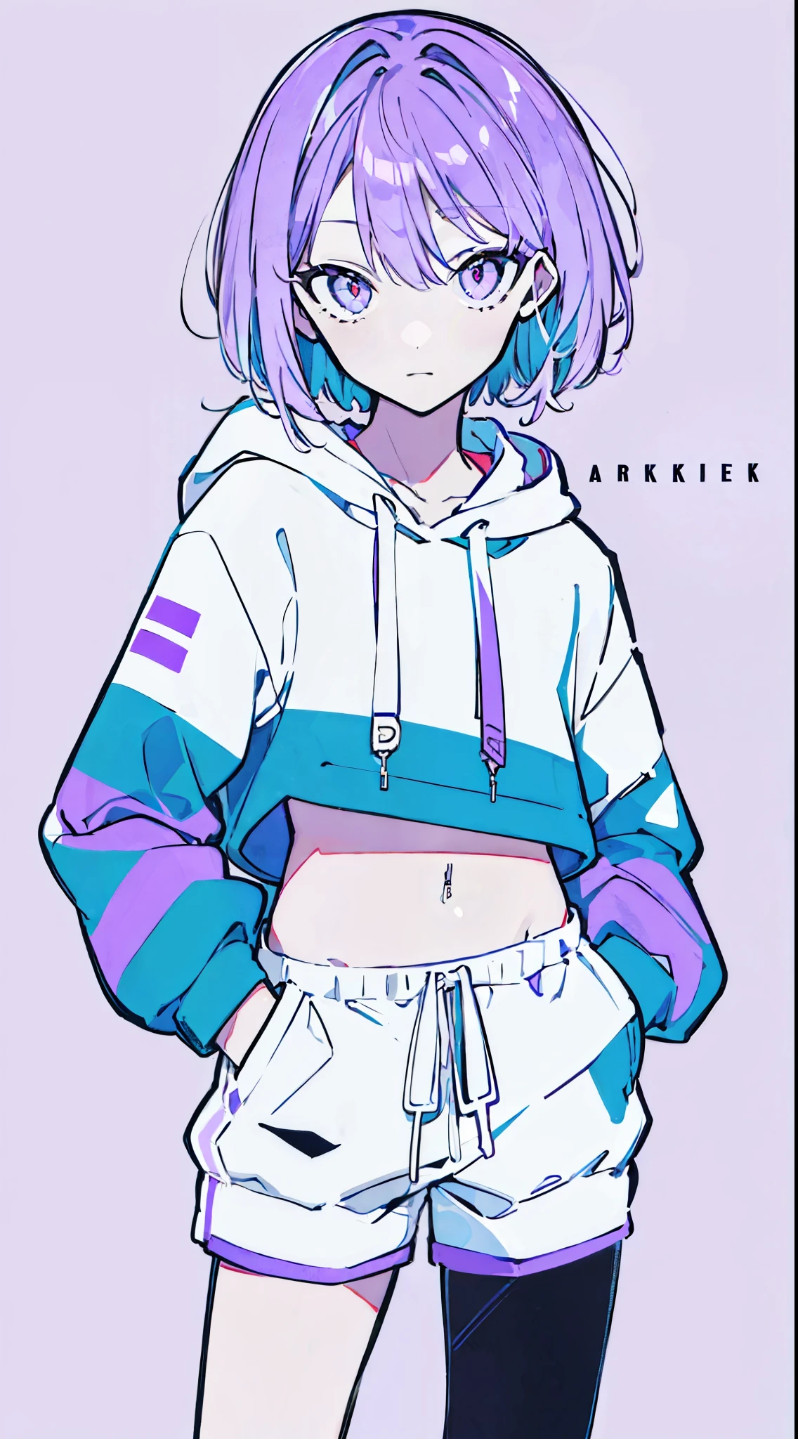 (masterpiece, highest quality:1.6), alone, thick outline, (simple background, light purple background, monochrome, light purple theme:1.2), official art, Key Visual, 8K, confused, whole body, (Unique hair, oversized hoodie, hot pants, arch back, short torso:1.2), belly button, thighs, cowboy shot, HDR, sharp focus, High resolution, most detailed, very detailed, Super detailed, finely, detailed eyes and face, sharp pupils, realistic student, alone, purple and white contrast, alone, hands in pockets