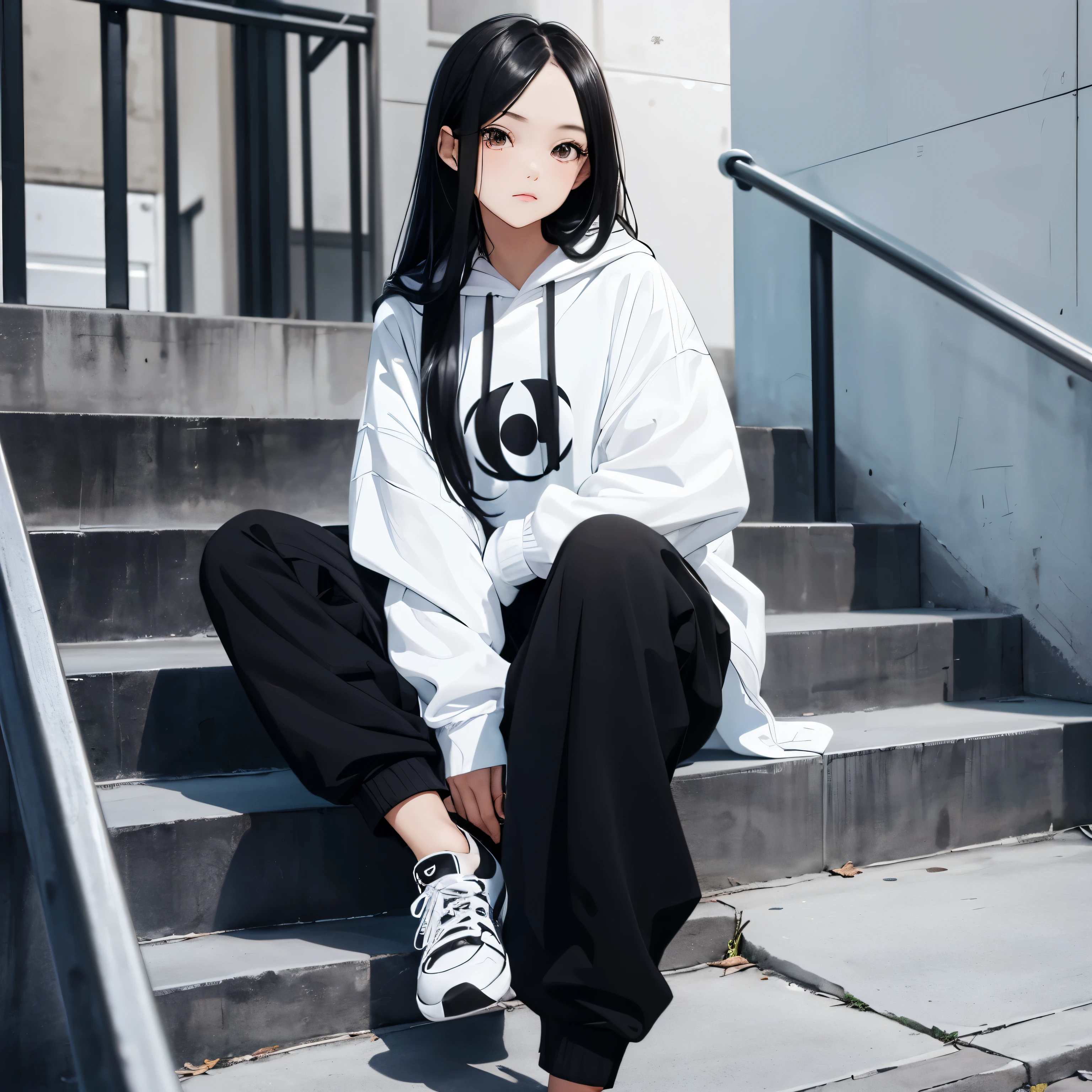 A beautiful and cute girl, long black hair, black and white hoodie, trousers, sneakers, decent, sit, tall, stand stairs, pretty