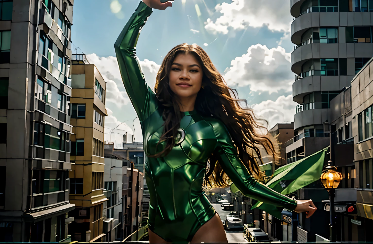 Zendaya, cabelos extremamente longos, olhos verdes brilhantes, Terno do lanterna verde, luz verde suave ao redor, logotipo no peito brilhando, No ar, mostrando o poder do anel verde, sorridente, floating in the air over buildings, closed hands, hero pose, retrato fotorrealista, cinematographic, nublado, vista frontal, 4k resolution, hiperdetalhado